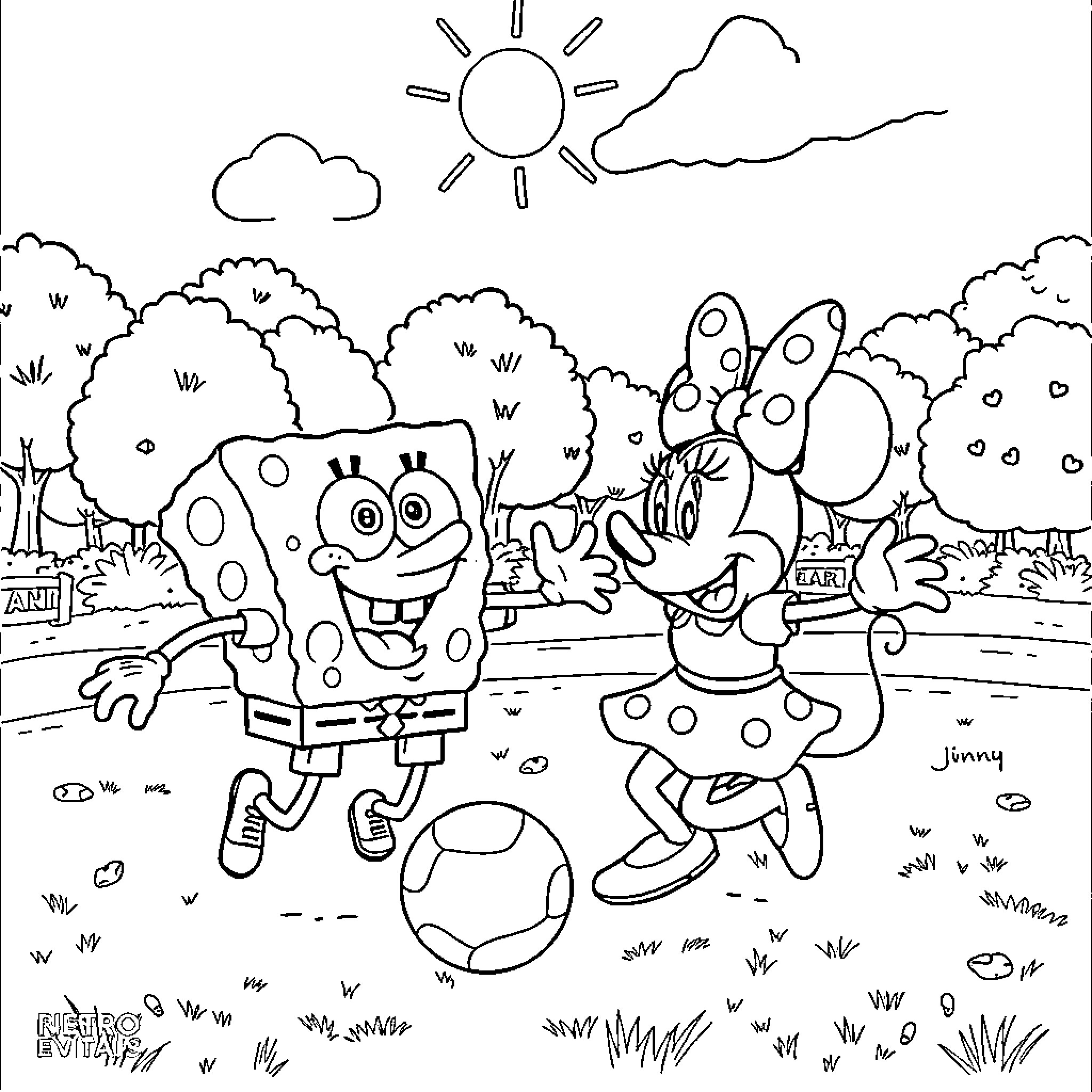 Spongebob and Minnie having a fun day outdoors Coloring Page (free black-and-white line drawing printable PDF for all, from beginners to advanced learners, including children, teens, adults, and seniors)