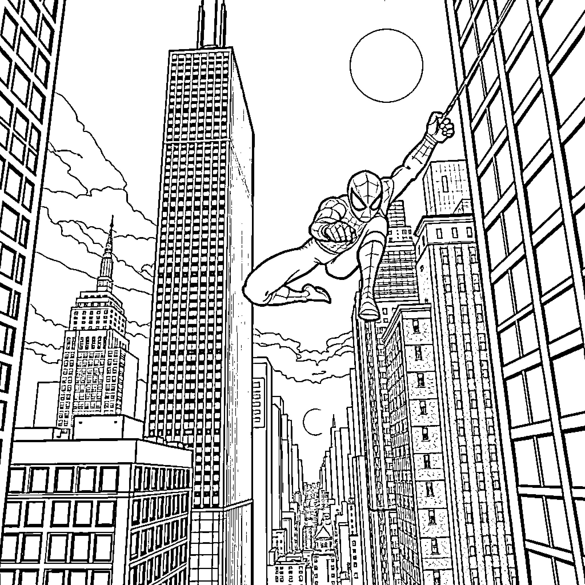 Spiderman swinging through the city skyline Coloring Page (free black-and-white line drawing printable PDF for all, from beginners to advanced learners, including children, teens, adults, and seniors)