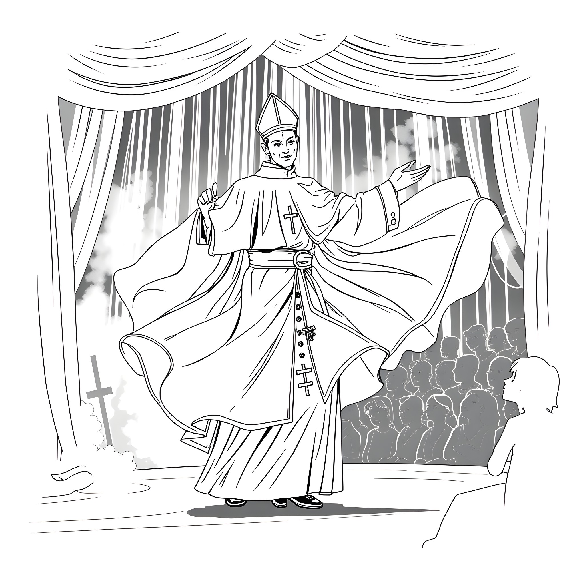 Papa Emeritus performing on stage with grand attire Coloring Page (free black-and-white line drawing printable PDF for all, from beginners to advanced learners, including children, teens, adults, and seniors)