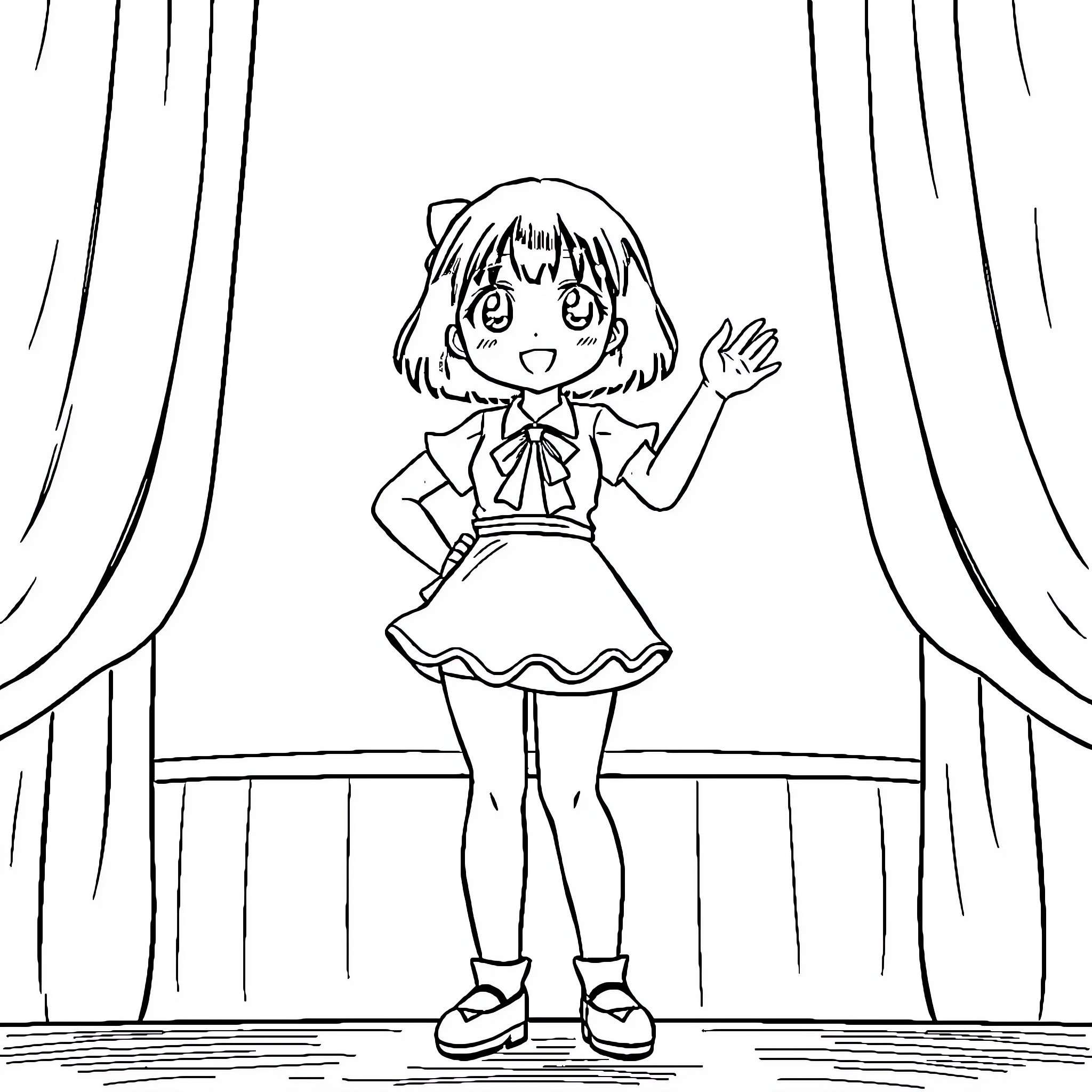 Kana Arima standing and waving in a school uniform Coloring Page (free black-and-white line drawing printable PDF for all, from beginners to advanced learners, including children, teens, adults, and seniors)