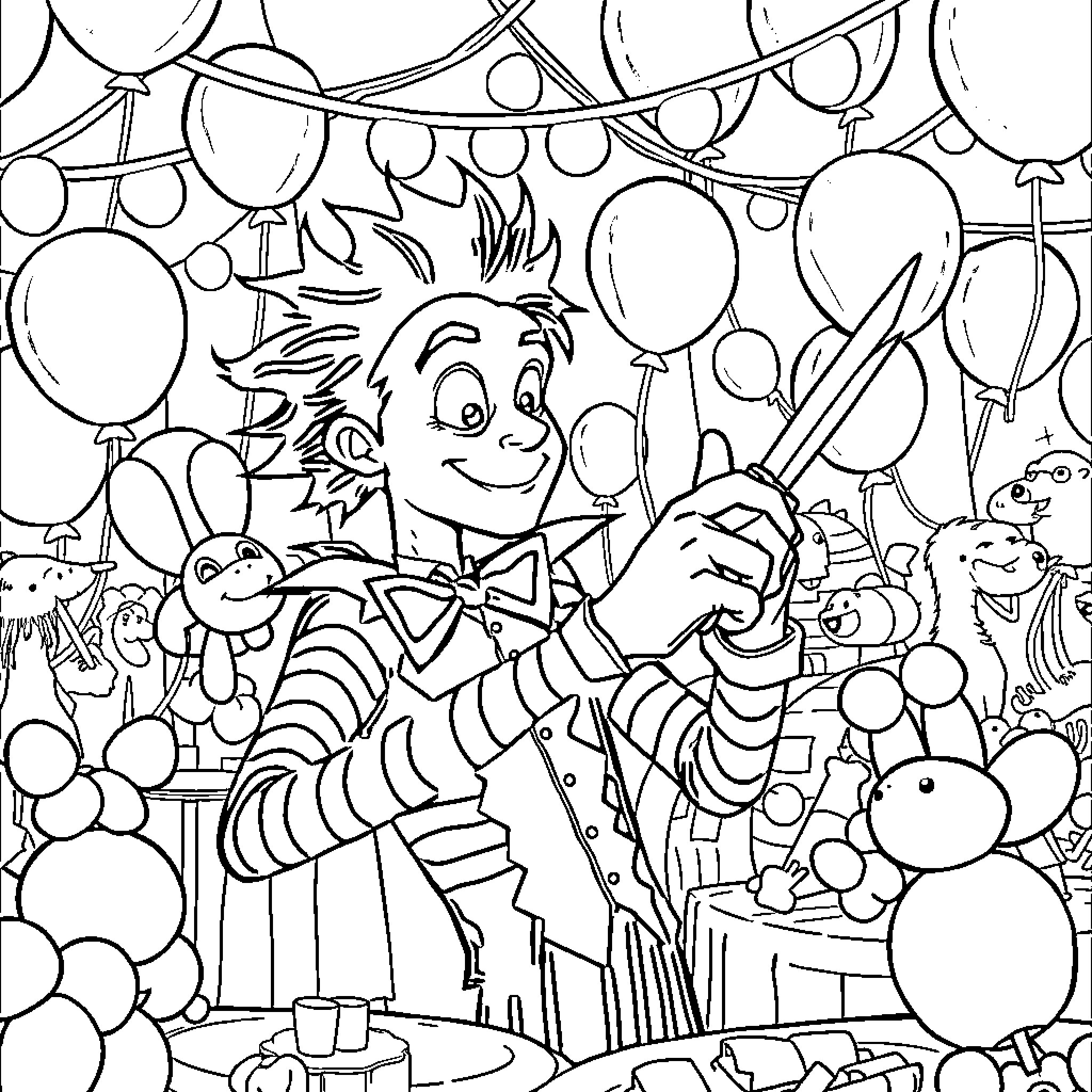 Edward Scissorhands celebrating a festive occasion Coloring Page (free black-and-white line drawing printable PDF for all, from beginners to advanced learners, including children, teens, adults, and seniors)