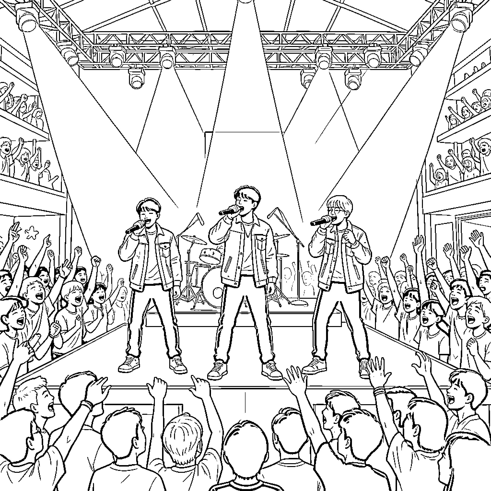 BTS Performing on Stage Amidst Excited Crowd Coloring Page (free black-and-white line drawing printable PDF for all, from beginners to advanced learners, including children, teens, adults, and seniors)