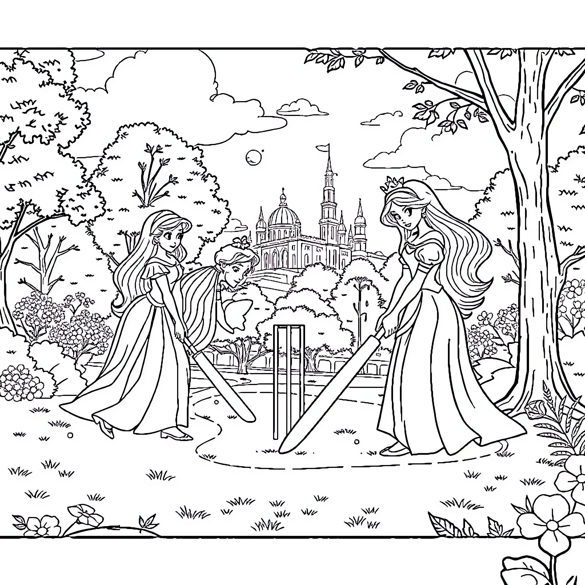 Princess in a Magical Garden Adventure Coloring Page (free black-and-white line drawing printable PDF for all, from beginners to advanced learners, including children, teens, adults, and seniors)
