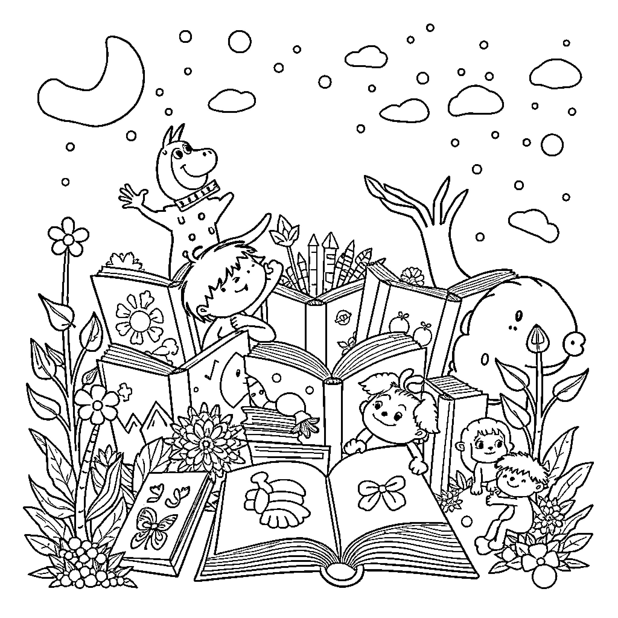 Book of Imagination and Whimsical Adventures Coloring Page (free black-and-white line drawing printable PDF for all, from beginners to advanced learners, including children, teens, adults, and seniors)