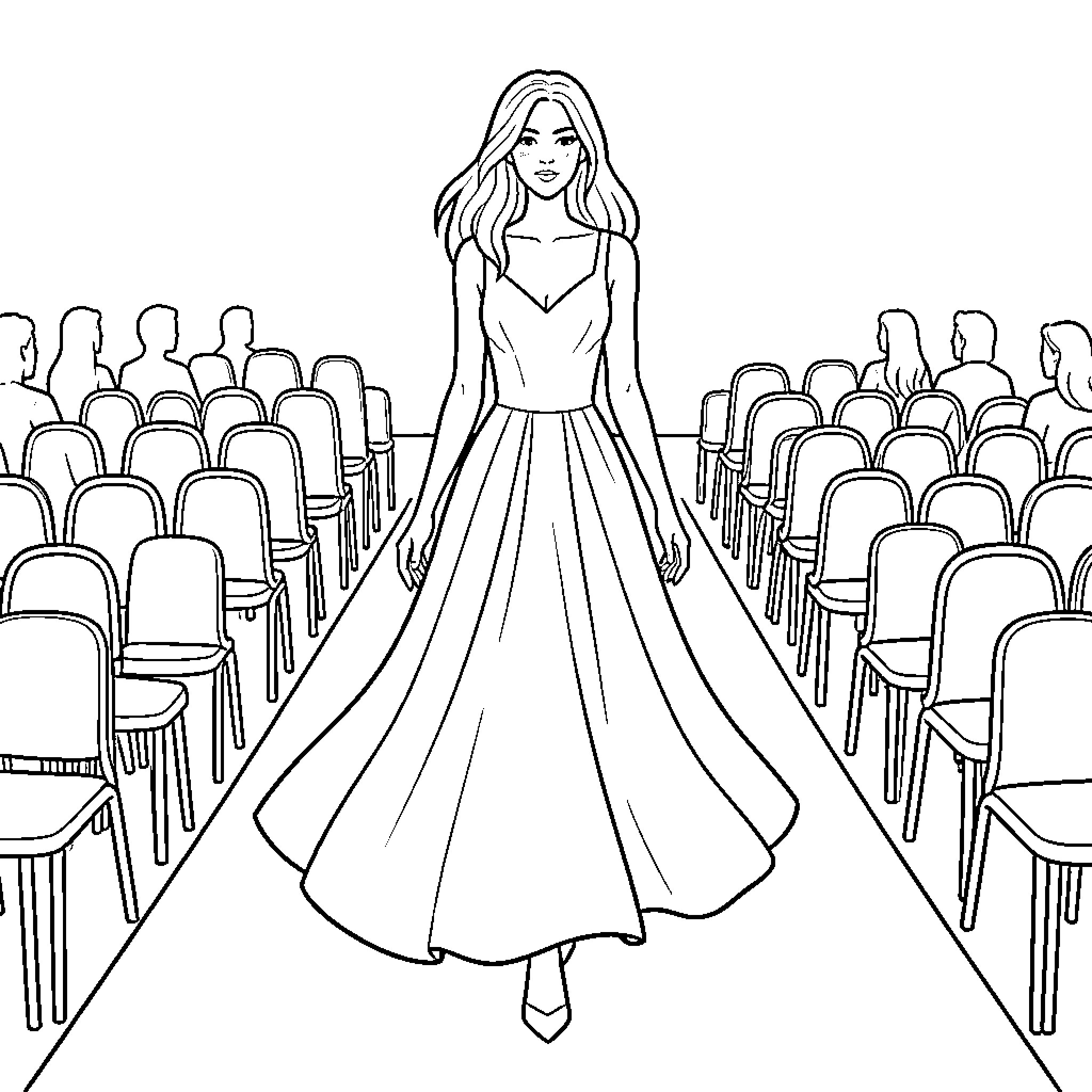 Model walking down a runway in a long dress Coloring Page (free black-and-white line drawing printable PDF for all, from beginners to advanced learners, including children, teens, adults, and seniors)
