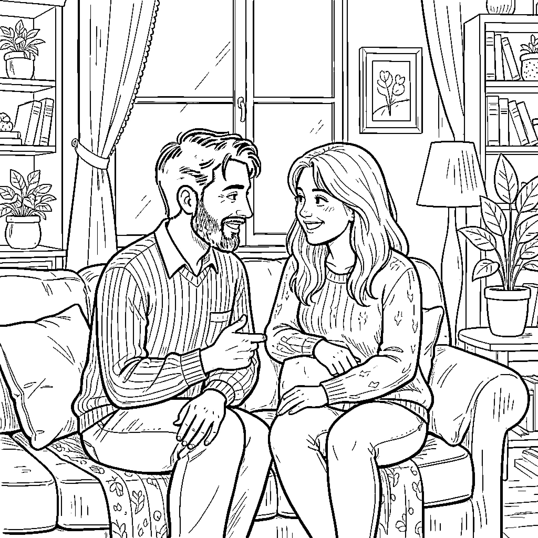 Cat Couple Relaxing Indoors Coloring Page (free black-and-white line drawing printable PDF for all, from beginners to advanced learners, including children, teens, adults, and seniors)