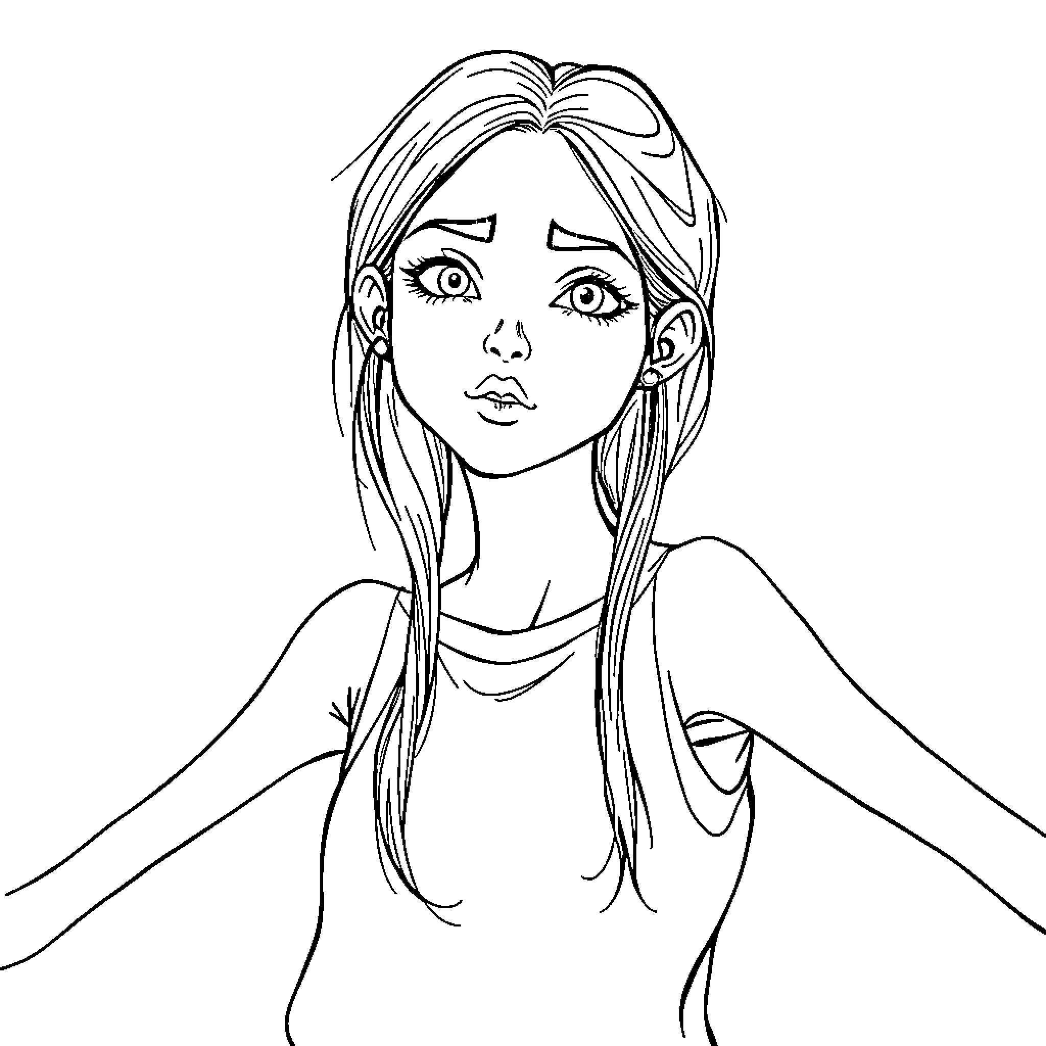 Girl with thoughtful expression and long hair Coloring Page (free black-and-white line drawing printable PDF for all, from beginners to advanced learners, including children, teens, adults, and seniors)
