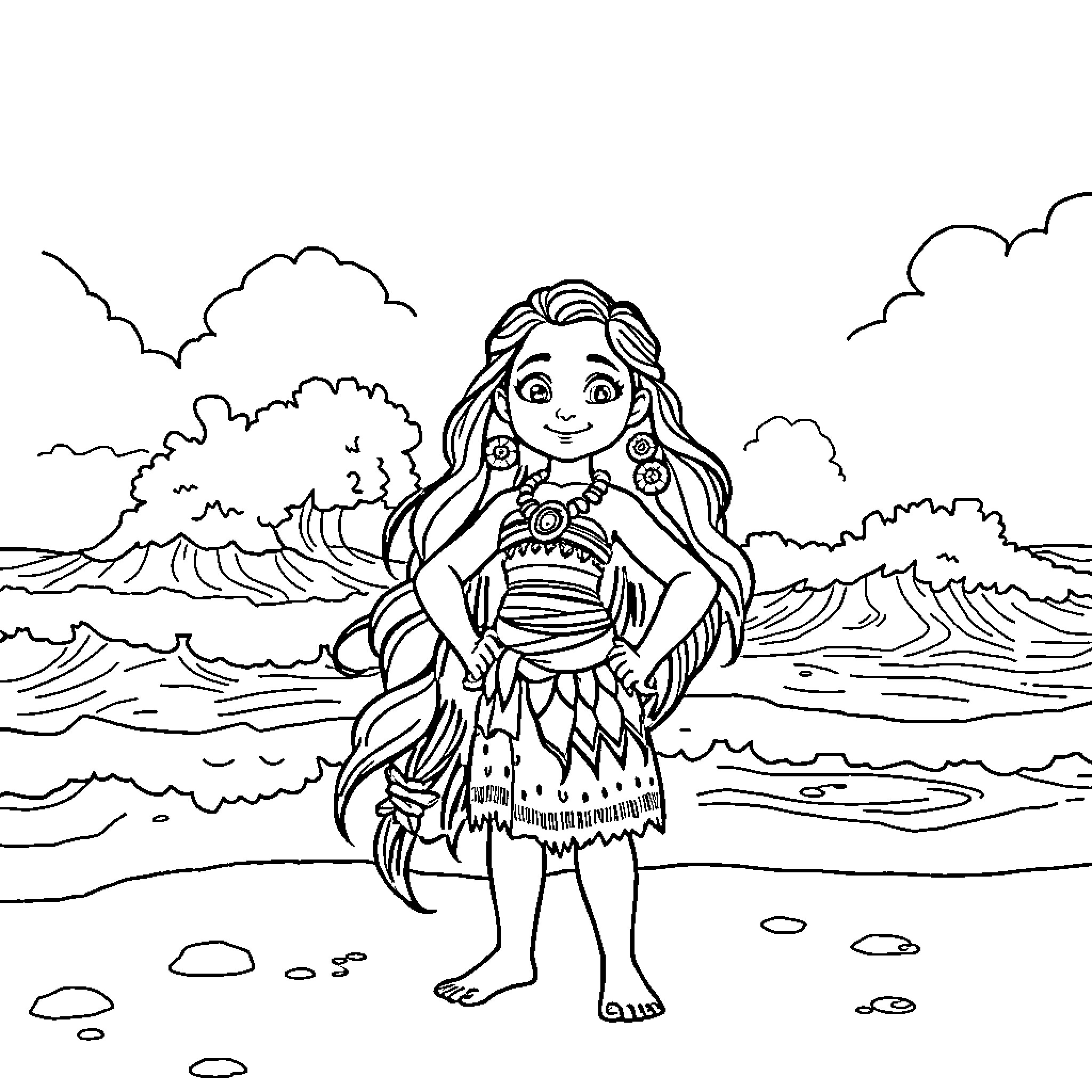 Moana exploring the enchanting island landscape Coloring Page (free black-and-white line drawing printable PDF for all, from beginners to advanced learners, including children, teens, adults, and seniors)