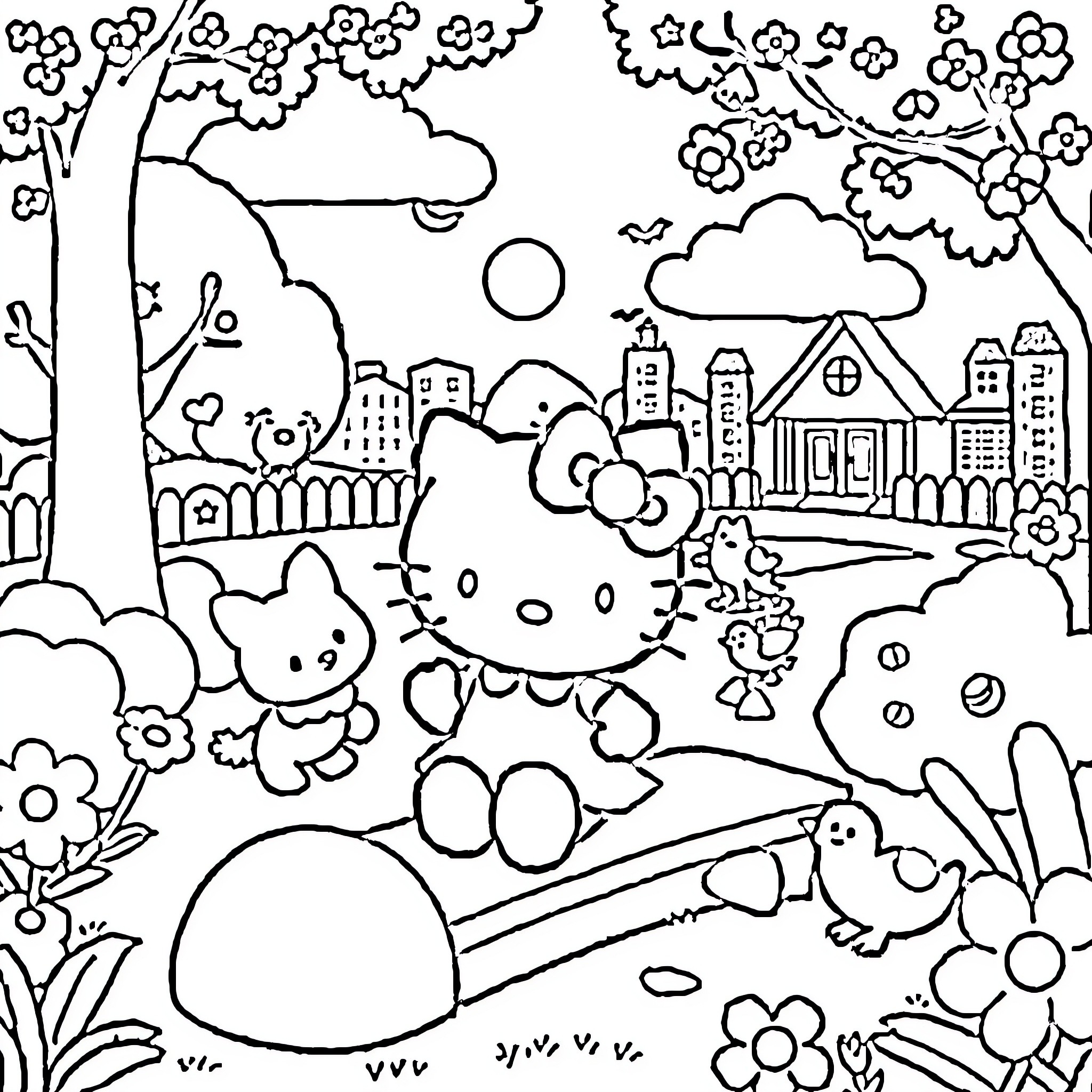 Hello Kitty playing in a whimsical park scene Coloring Page (free black-and-white line drawing printable PDF for all, from beginners to advanced learners, including children, teens, adults, and seniors)