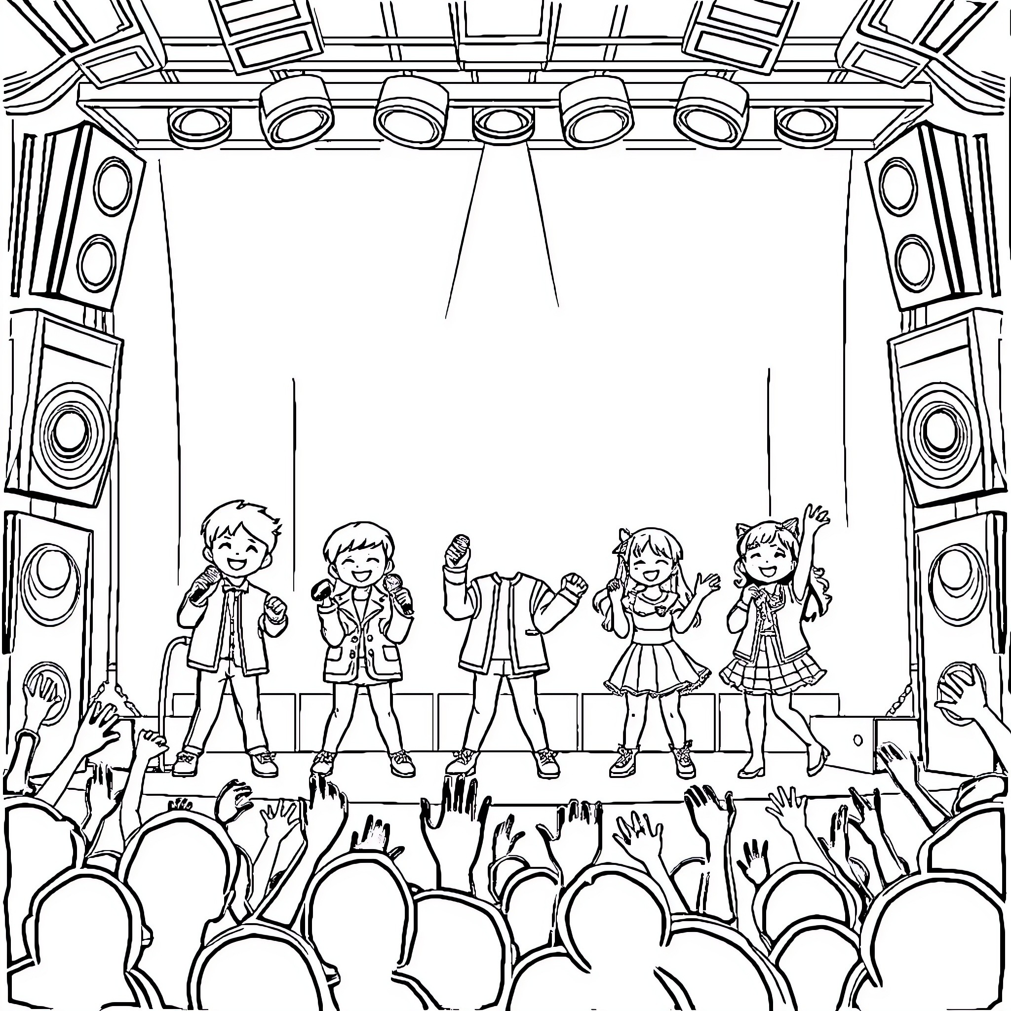 K-pop Idols Performing on Stage with Enthusiastic Crowd Coloring Page (free black-and-white line drawing printable PDF for all, from beginners to advanced learners, including children, teens, adults, and seniors)