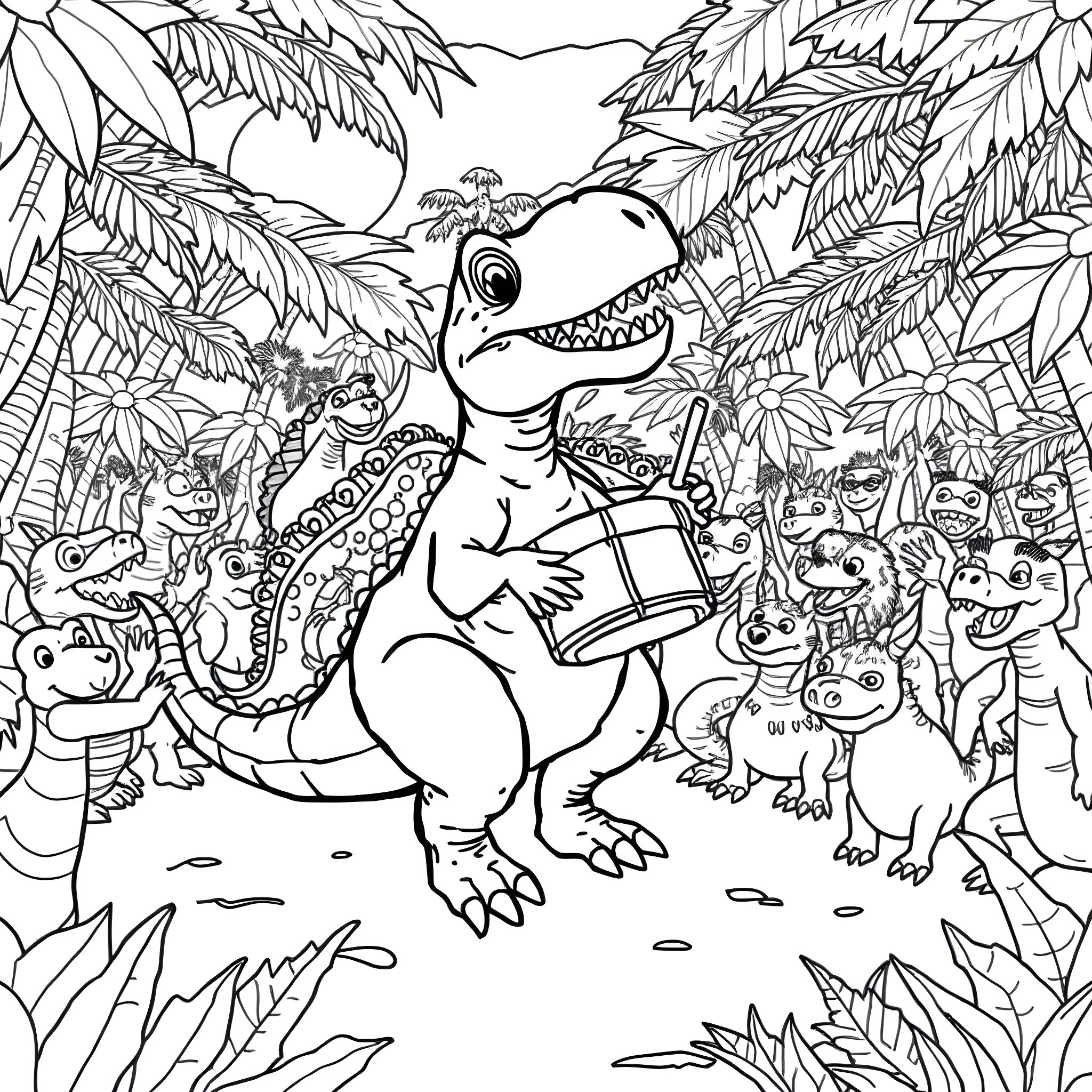 Dinosaur family exploring the jungle Coloring Page (free black-and-white line drawing printable PDF for all, from beginners to advanced learners, including children, teens, adults, and seniors)