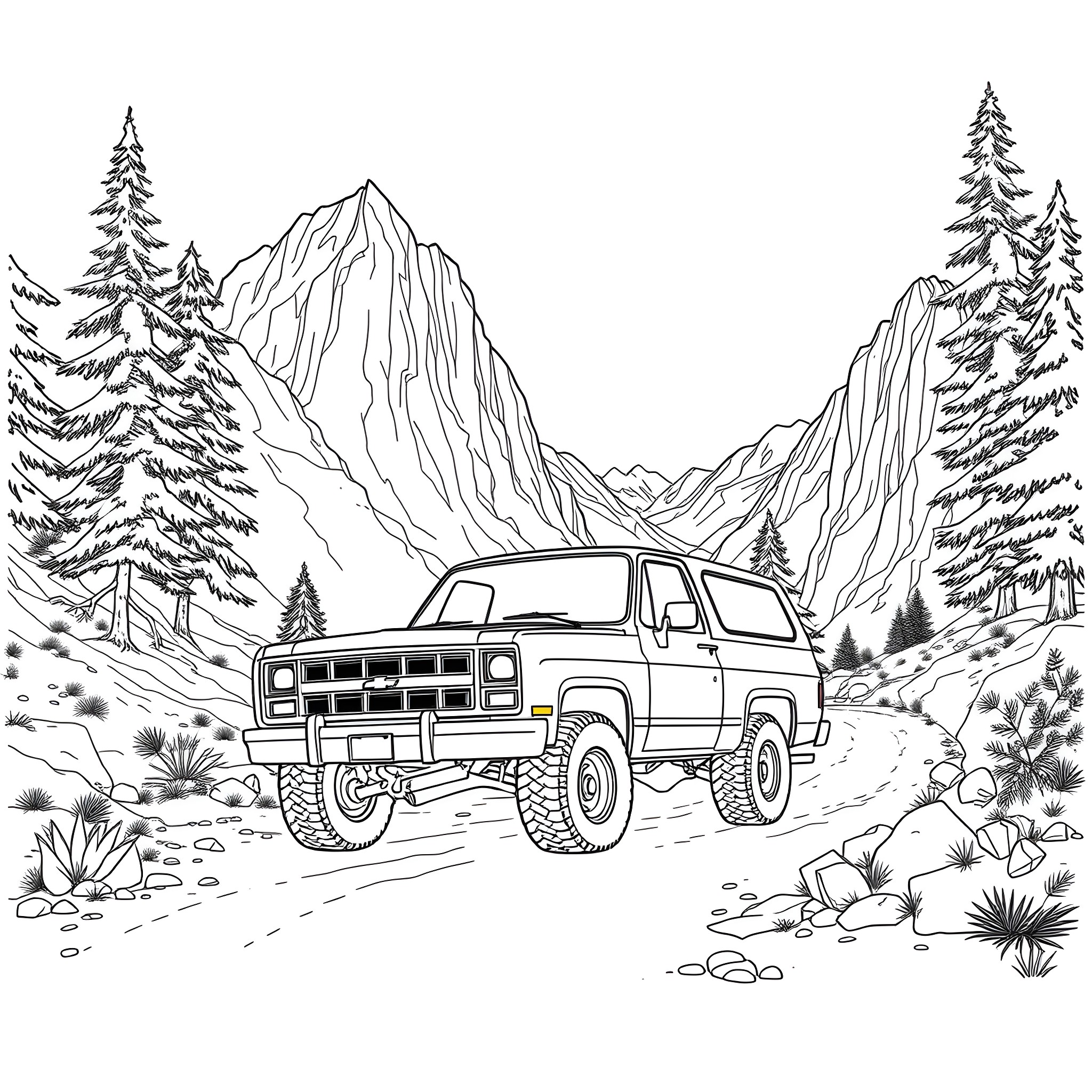 Chevy Blazer exploring rugged mountain terrain Coloring Page (free black-and-white line drawing printable PDF for all, from beginners to advanced learners, including children, teens, adults, and seniors)