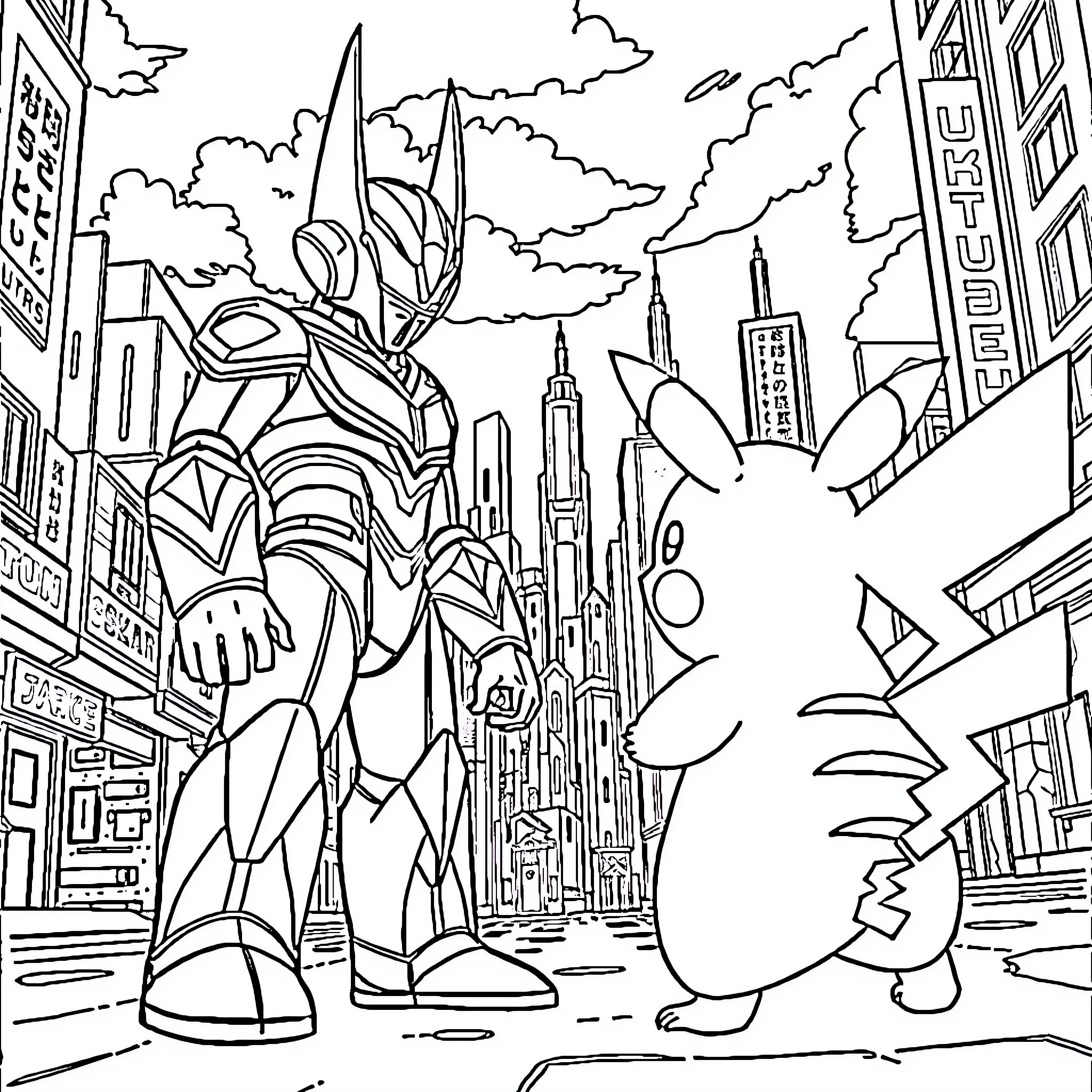 Ultraman and Pikachu Encounter in the City Coloring Page (free black-and-white line drawing printable PDF for all, from beginners to advanced learners, including children, teens, adults, and seniors)