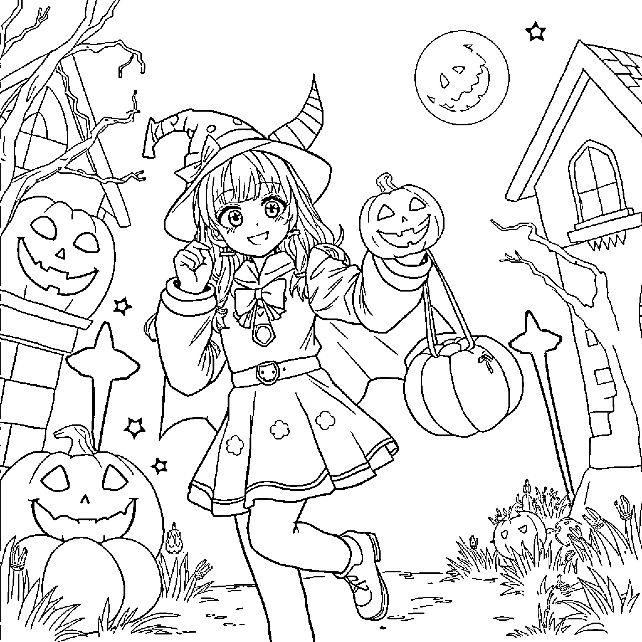 Girl in Halloween costume holding pumpkin basket Coloring Page (free black-and-white line drawing printable PDF for all, from beginners to advanced learners, including children, teens, adults, and seniors)