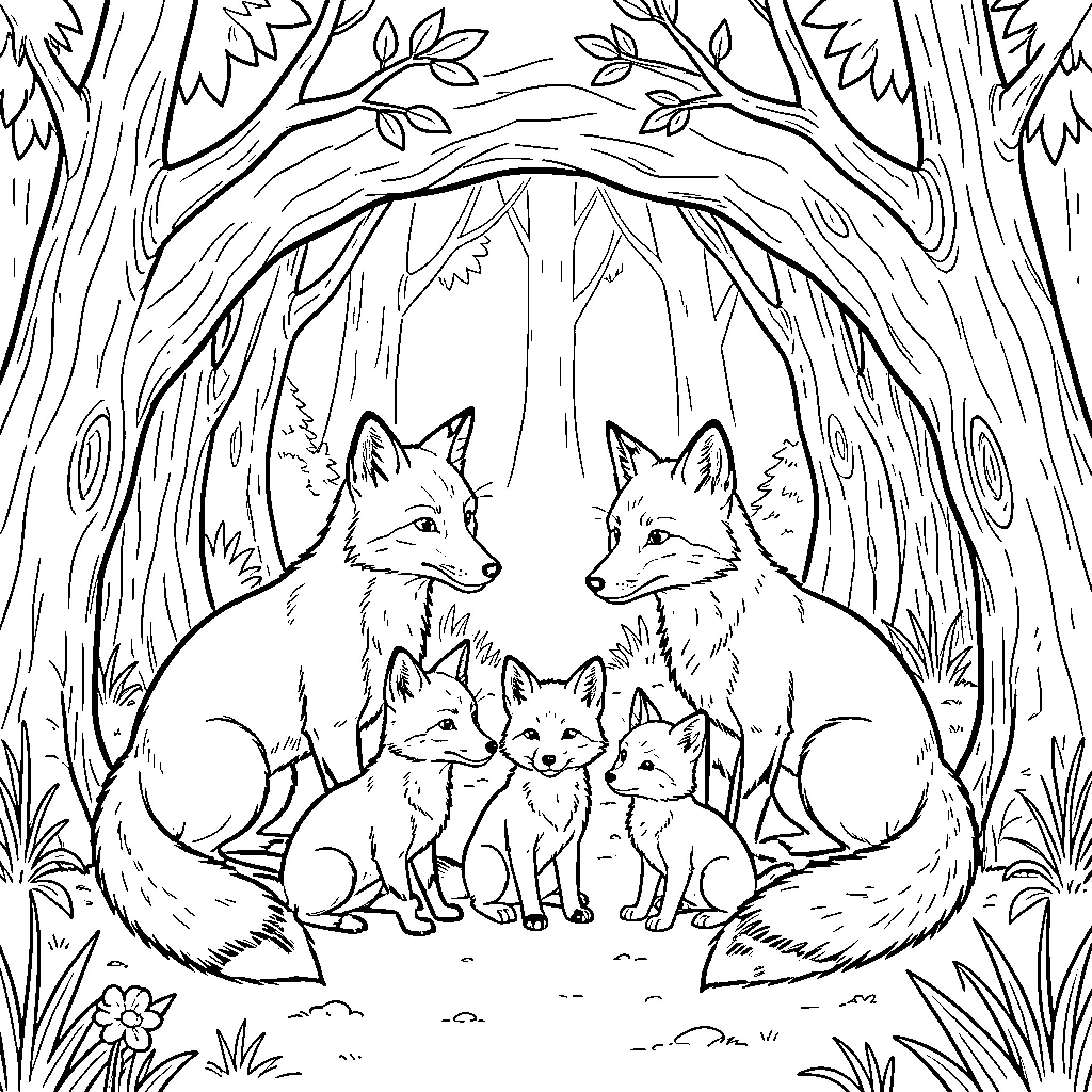 Fox family sitting together in a forest grove Coloring Page (free black-and-white line drawing printable PDF for all, from beginners to advanced learners, including children, teens, adults, and seniors)