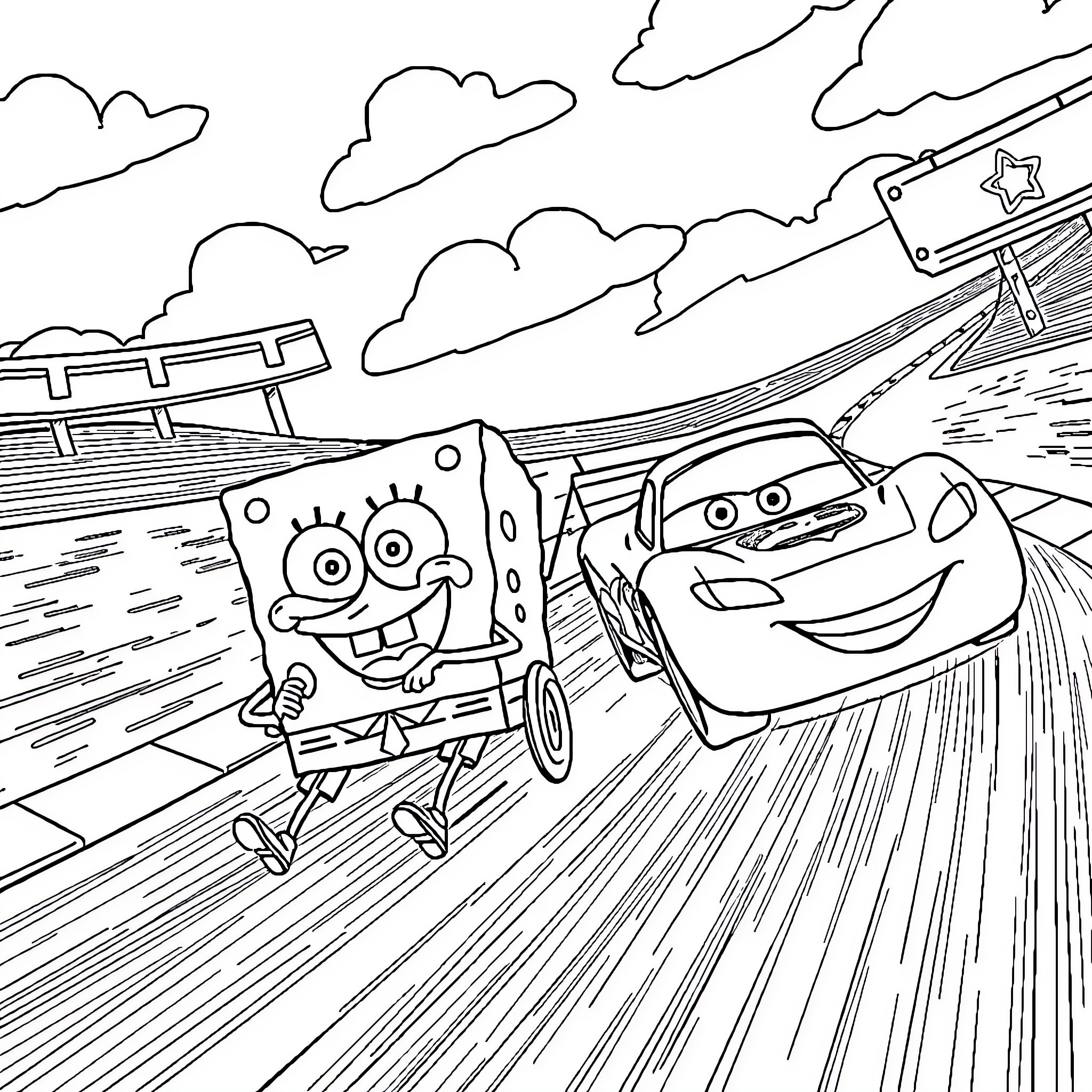 Spongebob and Lightning McQueen racing on the beach Coloring Page (free black-and-white line drawing printable PDF for all, from beginners to advanced learners, including children, teens, adults, and seniors)