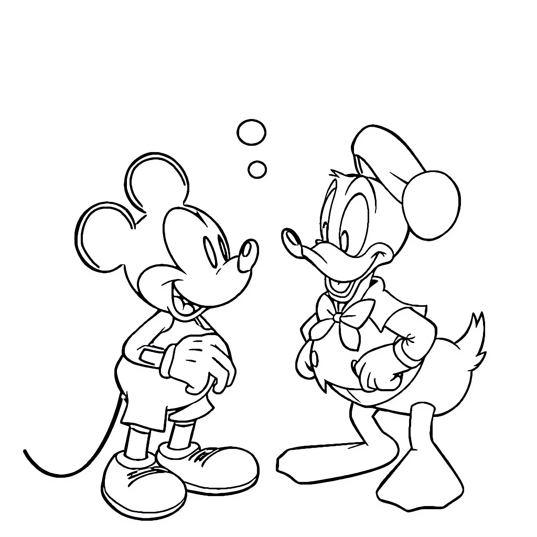 Mickey and Donald enjoying a playful moment Coloring Page (free black-and-white line drawing printable PDF for all, from beginners to advanced learners, including children, teens, adults, and seniors)