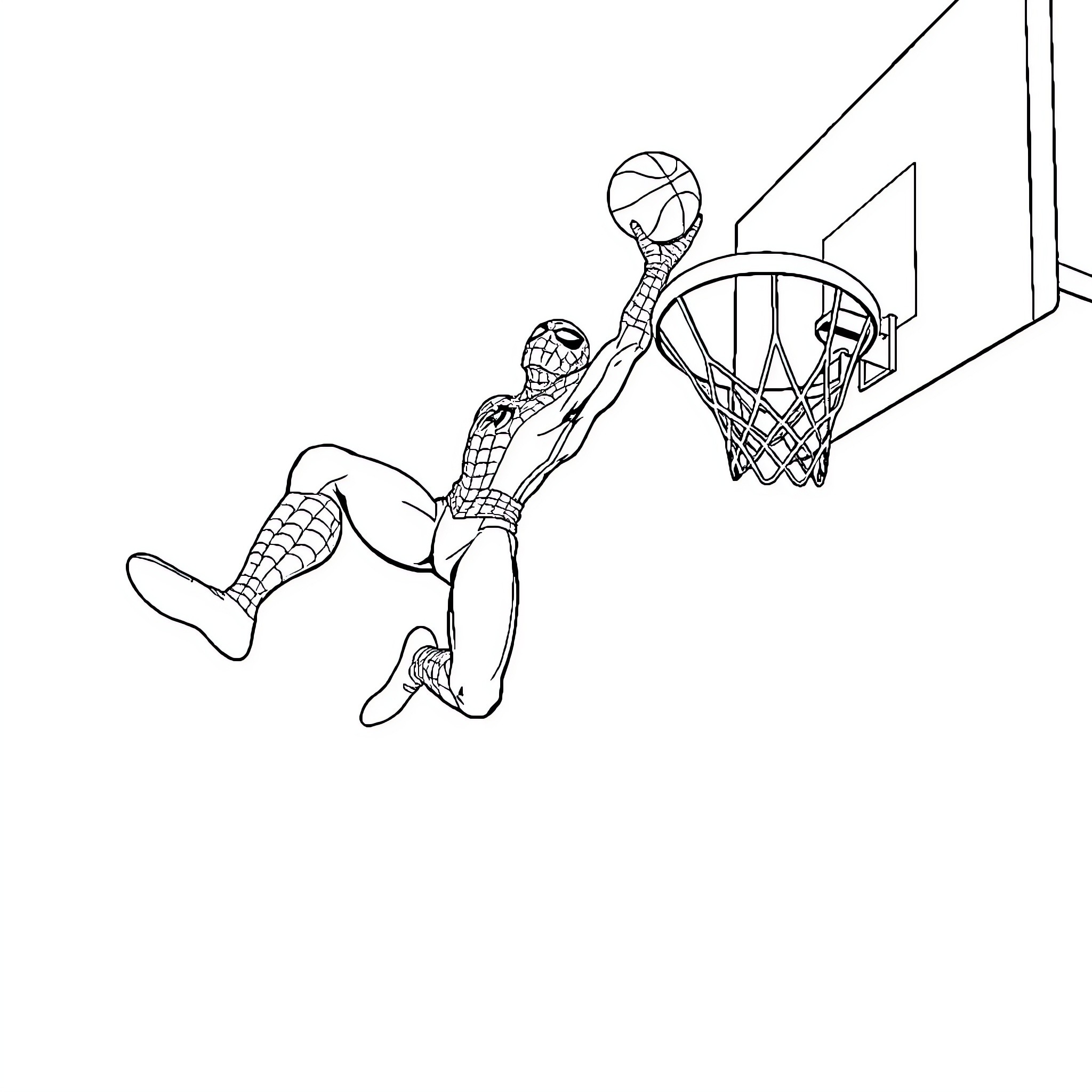 Spiderman dunking a basketball in the hoop Coloring Page (free black-and-white line drawing printable PDF for all, from beginners to advanced learners, including children, teens, adults, and seniors)