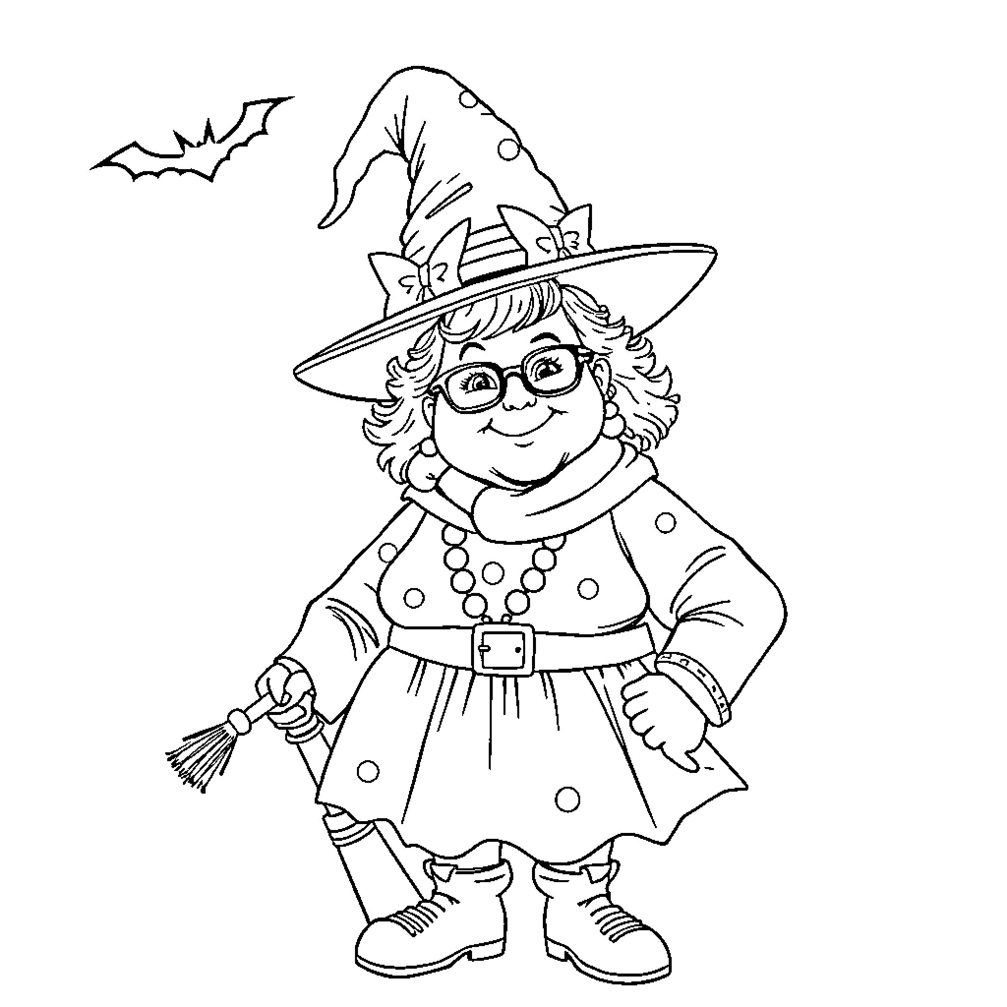 Woman in Whimsical Witch Costume Coloring Page (free black-and-white line drawing printable PDF for all, from beginners to advanced learners, including children, teens, adults, and seniors)