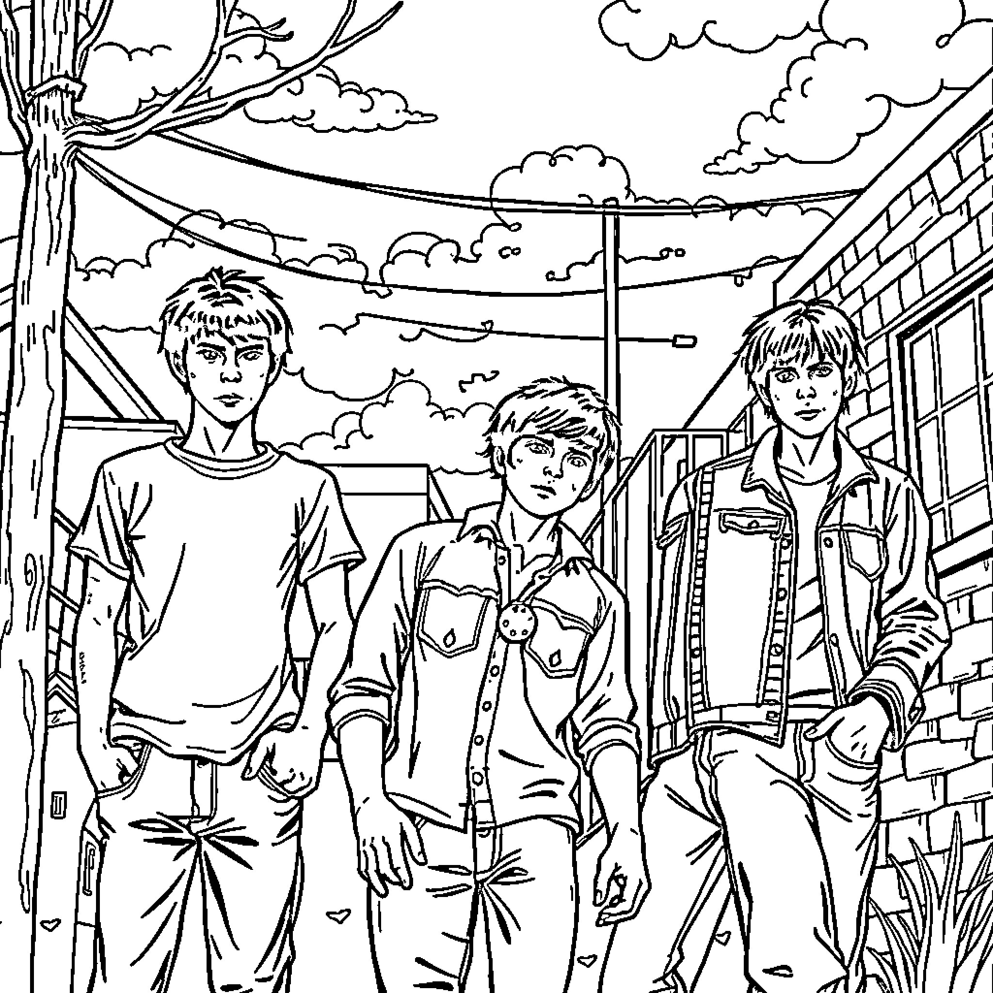 Outsiders Exploring Alleyway Adventure Coloring Page (free black-and-white line drawing printable PDF for all, from beginners to advanced learners, including children, teens, adults, and seniors)