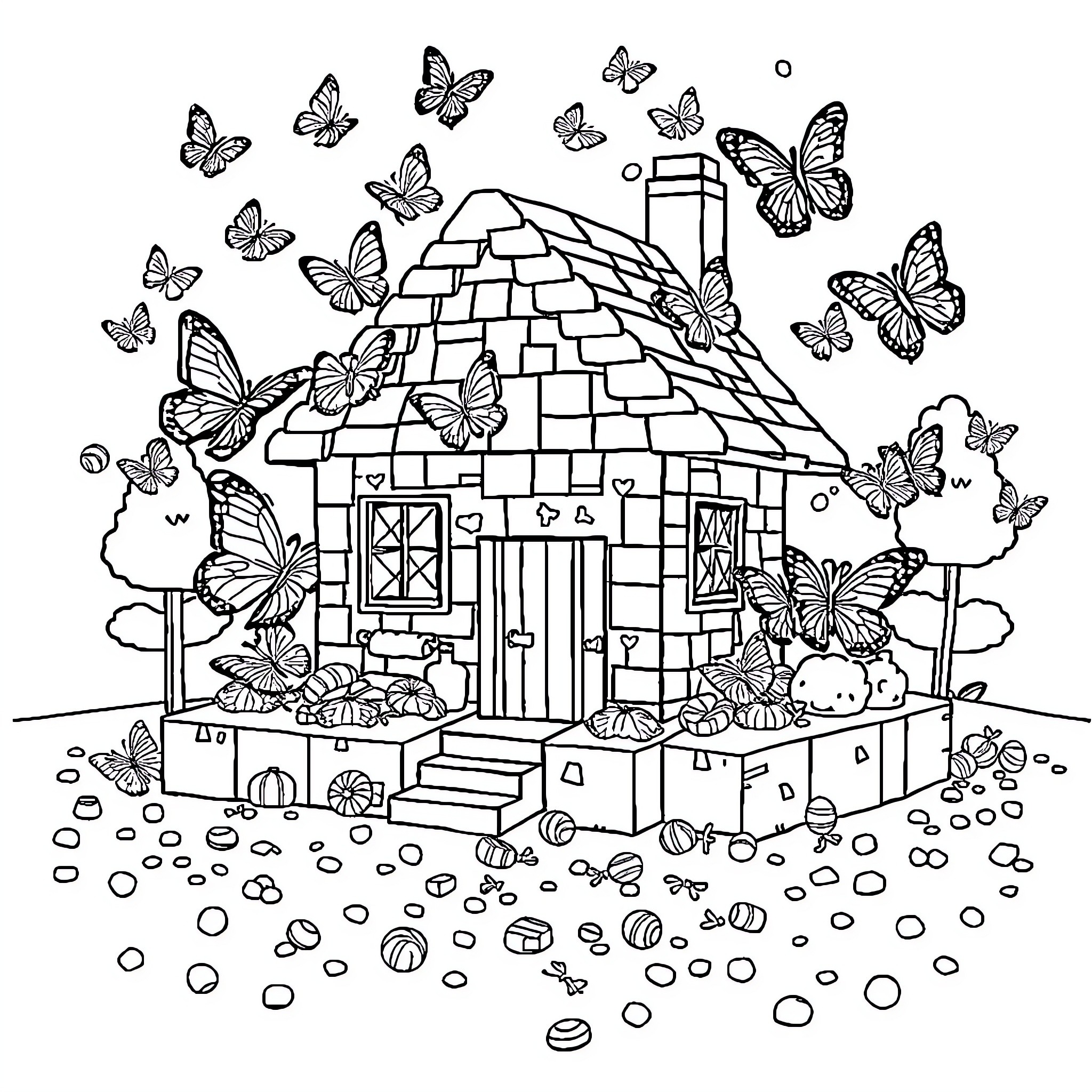 Minecraft House with Whimsical Butterflies Coloring Page (free black-and-white line drawing printable PDF for all, from beginners to advanced learners, including children, teens, adults, and seniors)