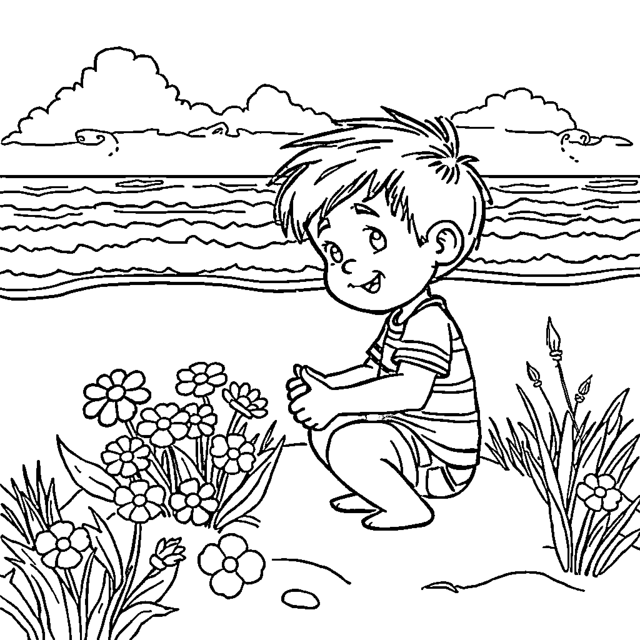 Haalan's day in the peaceful seaside Coloring Page (free black-and-white line drawing printable PDF for all, from beginners to advanced learners, including children, teens, adults, and seniors)