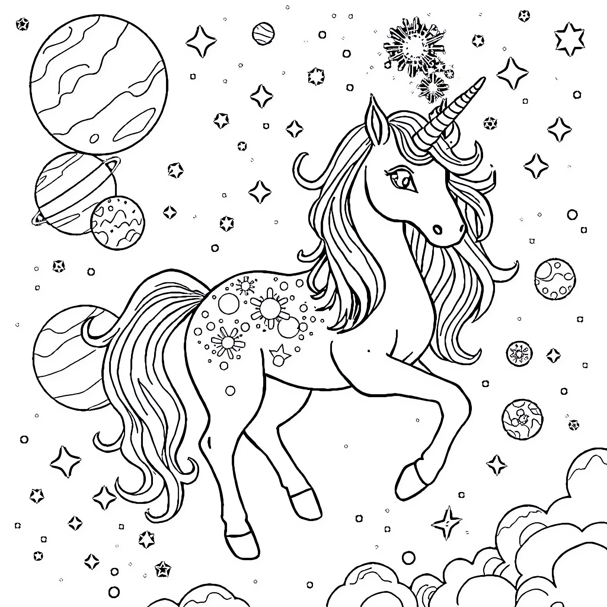 Unicorn dancing among celestial objects Coloring Page (free black-and-white line drawing printable PDF for all, from beginners to advanced learners, including children, teens, adults, and seniors)