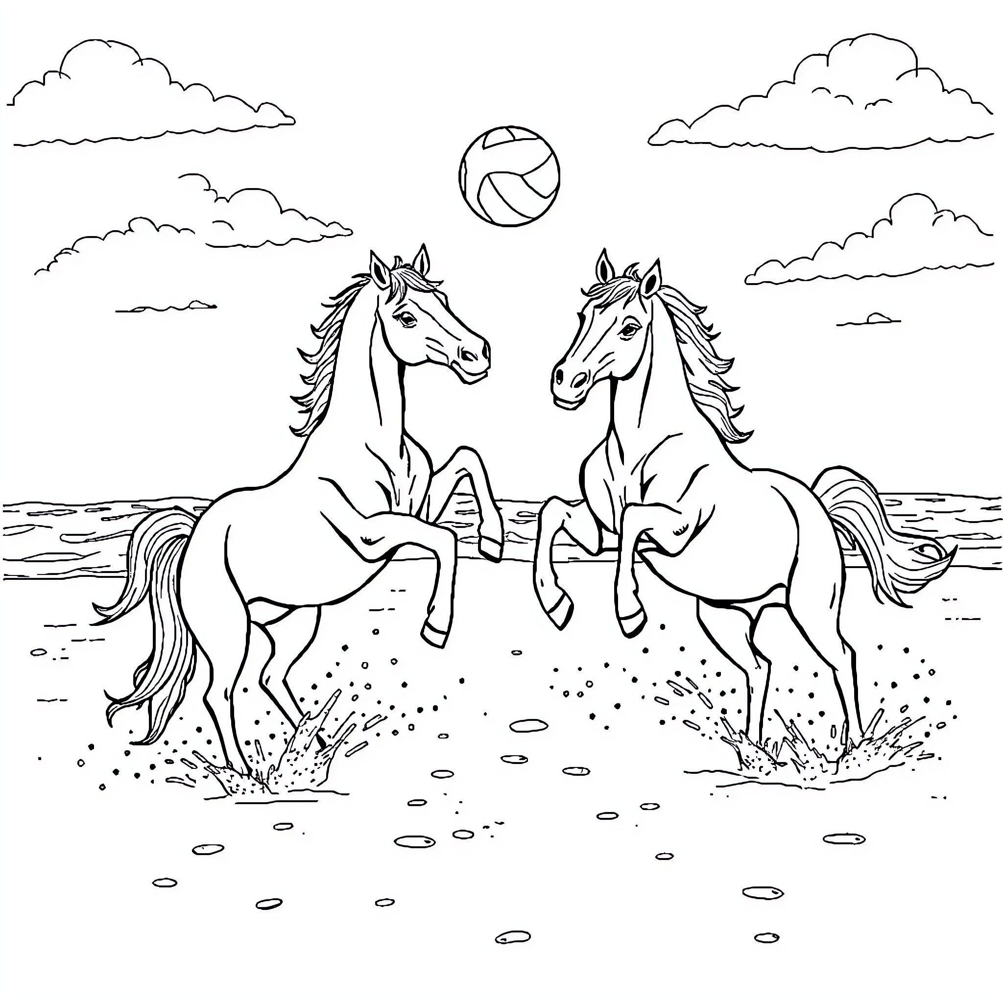 Horses galloping through the open field Coloring Page (free black-and-white line drawing printable PDF for all, from beginners to advanced learners, including children, teens, adults, and seniors)