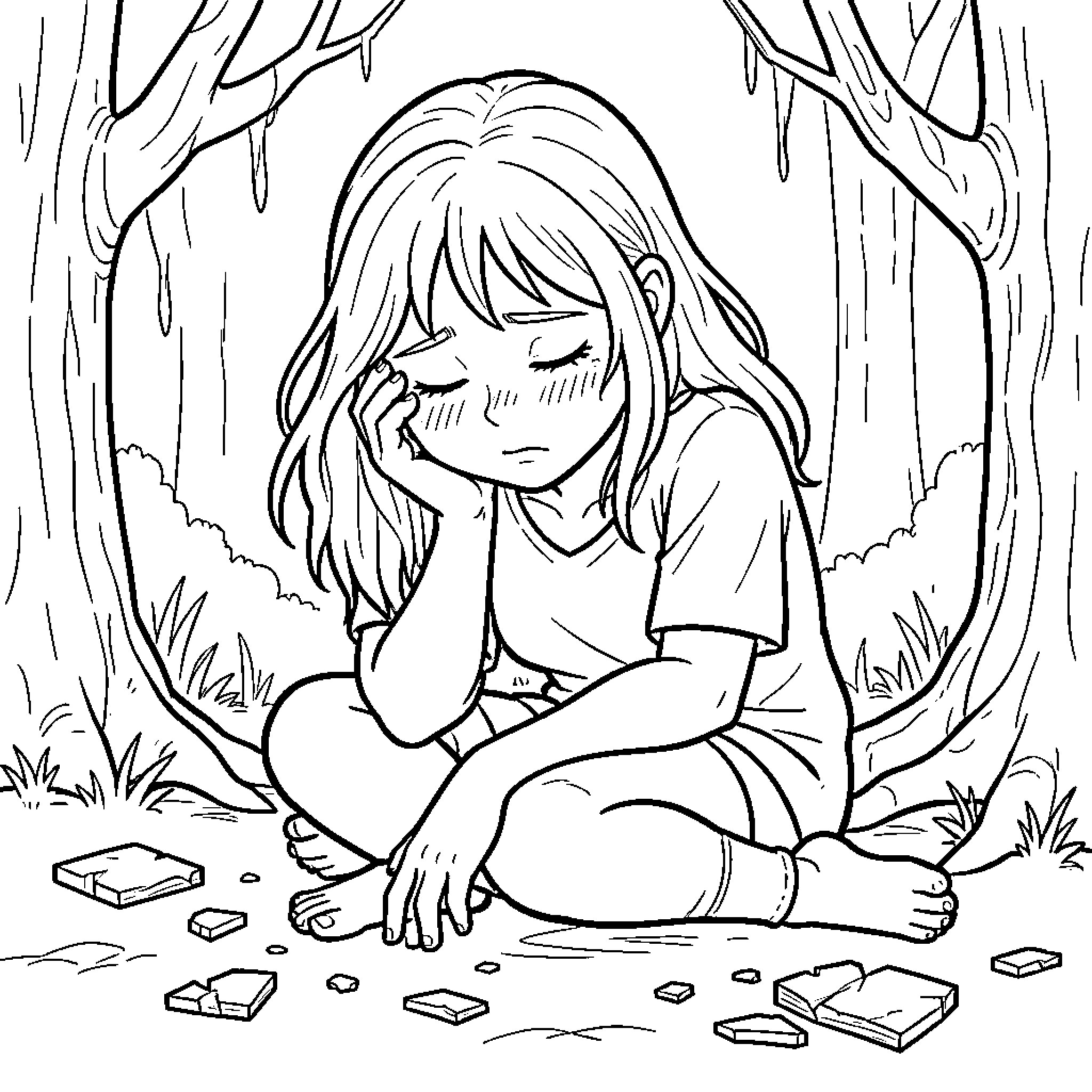 Soulful girl sitting alone with a sad expression Coloring Page (free black-and-white line drawing printable PDF for all, from beginners to advanced learners, including children, teens, adults, and seniors)