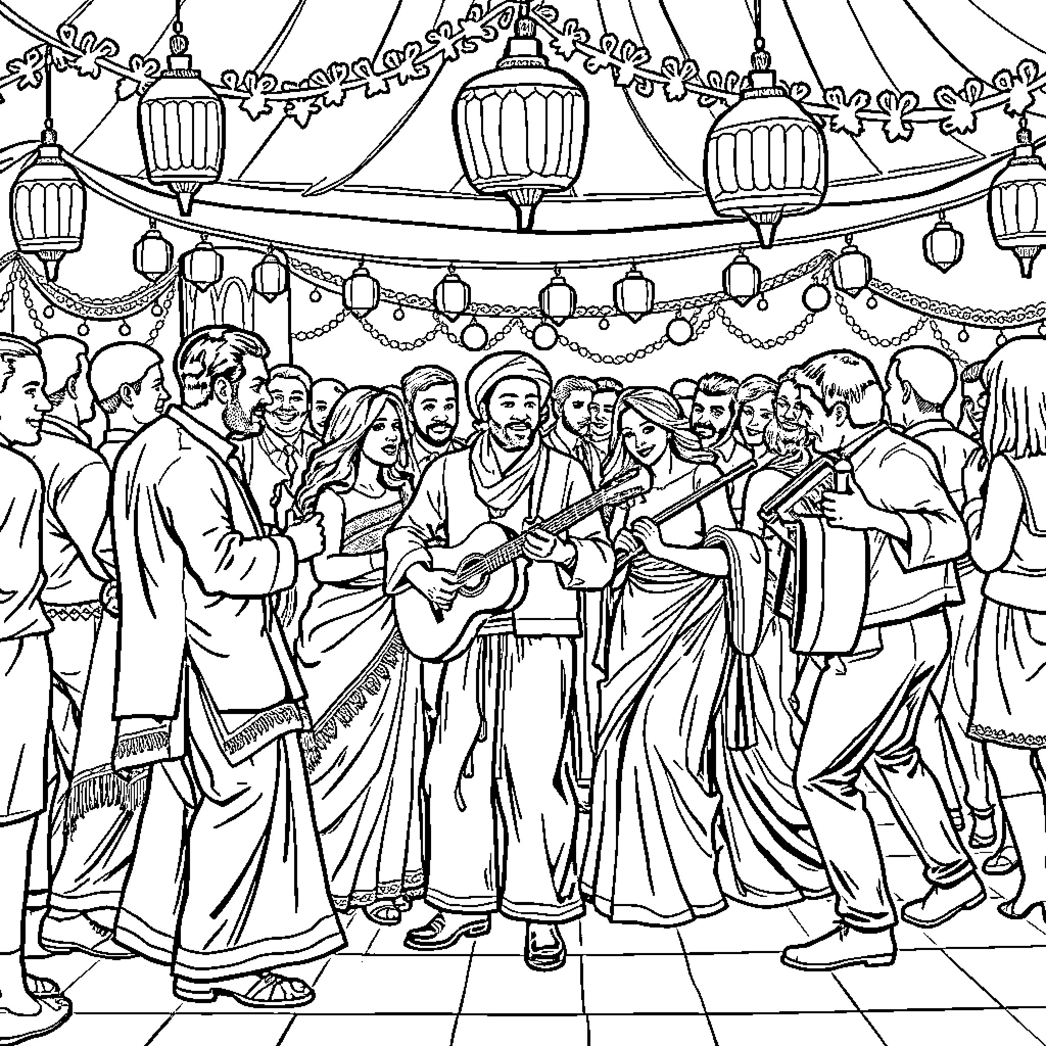 Taraf of Performers at a Festive Celebration Coloring Page (free black-and-white line drawing printable PDF for all, from beginners to advanced learners, including children, teens, adults, and seniors)