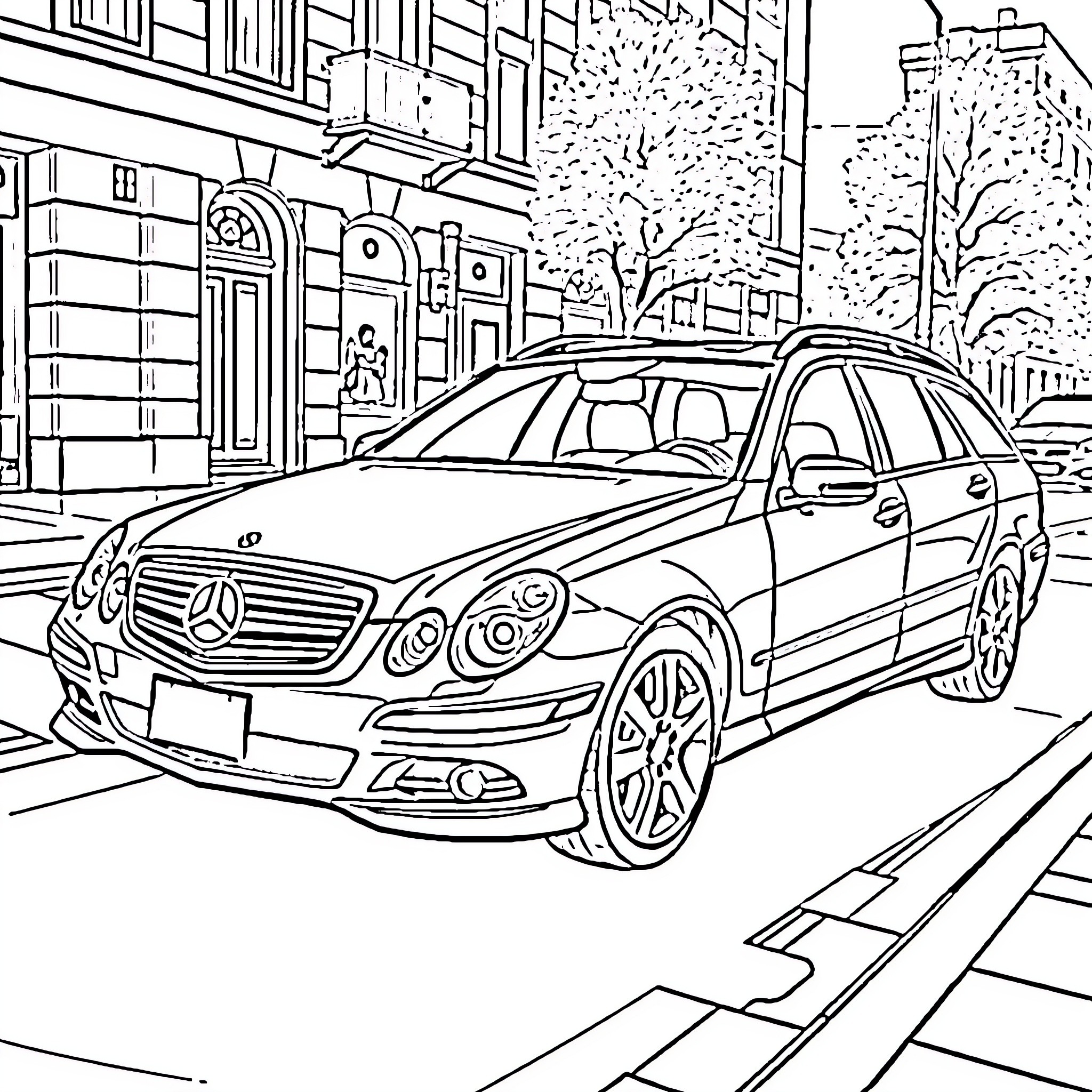 Mercedes luxury car in urban street scene Coloring Page (free black-and-white line drawing printable PDF for all, from beginners to advanced learners, including children, teens, adults, and seniors)