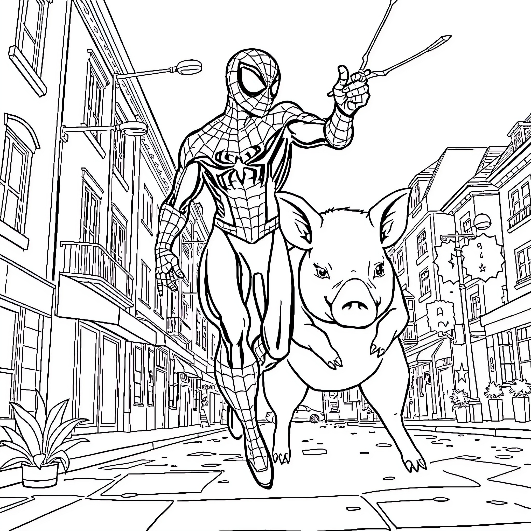 Spiderman swinging through the city with a pig Coloring Page (free black-and-white line drawing printable PDF for all, from beginners to advanced learners, including children, teens, adults, and seniors)