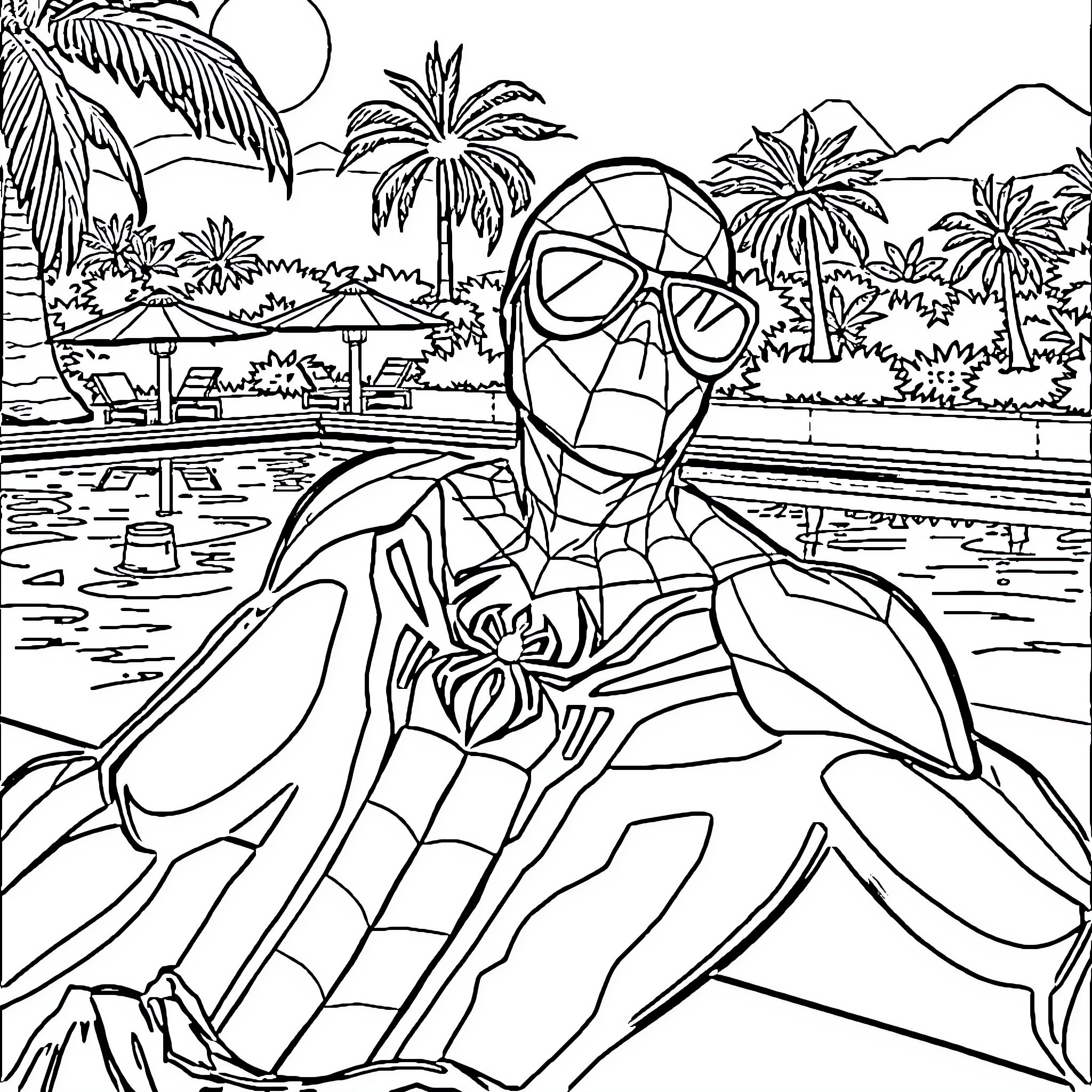 Spiderman relaxing by the pool in a tropical paradise Coloring Page (free black-and-white line drawing printable PDF for all, from beginners to advanced learners, including children, teens, adults, and seniors)