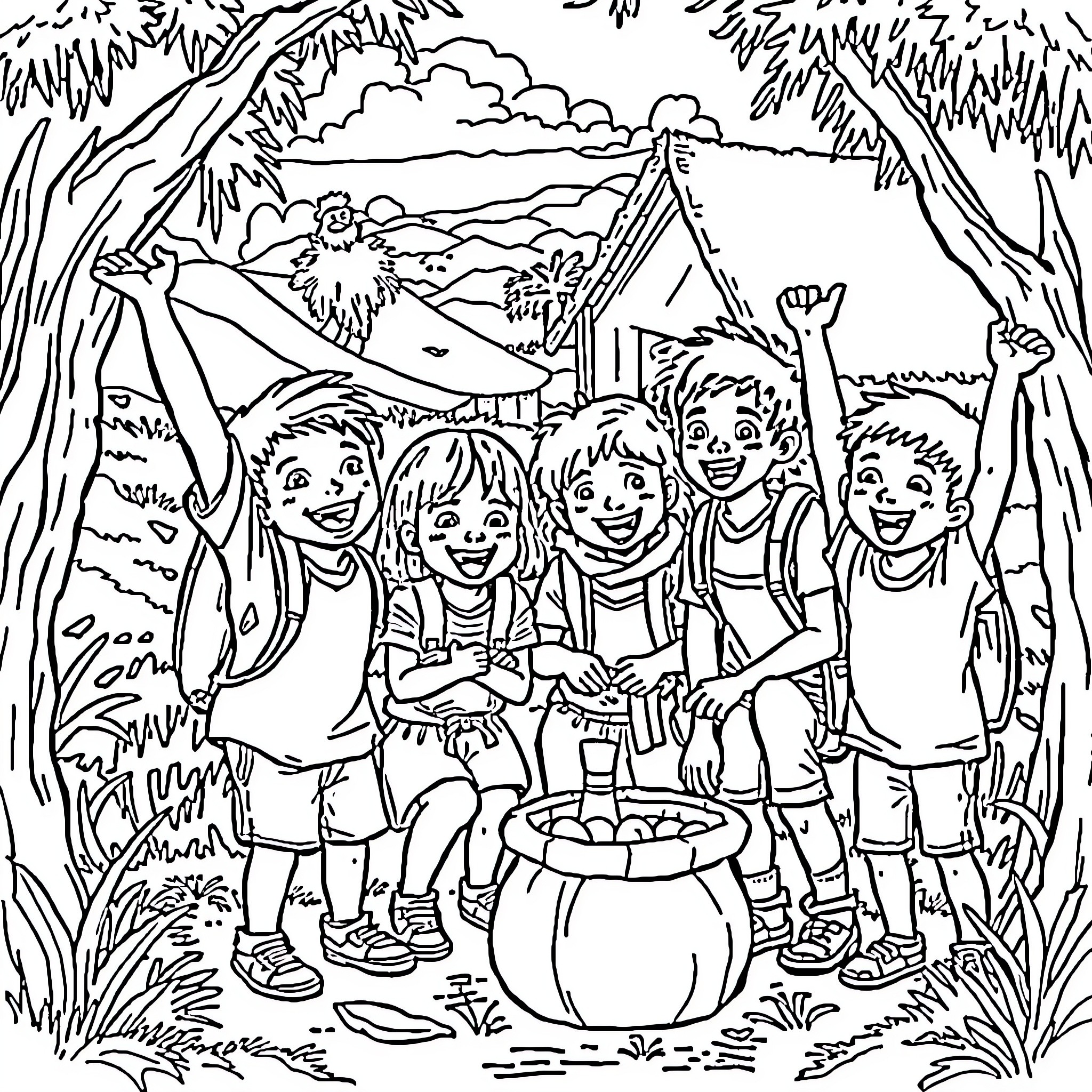 Kid friends having fun outdoor adventure Coloring Page (free black-and-white line drawing printable PDF for all, from beginners to advanced learners, including children, teens, adults, and seniors)
