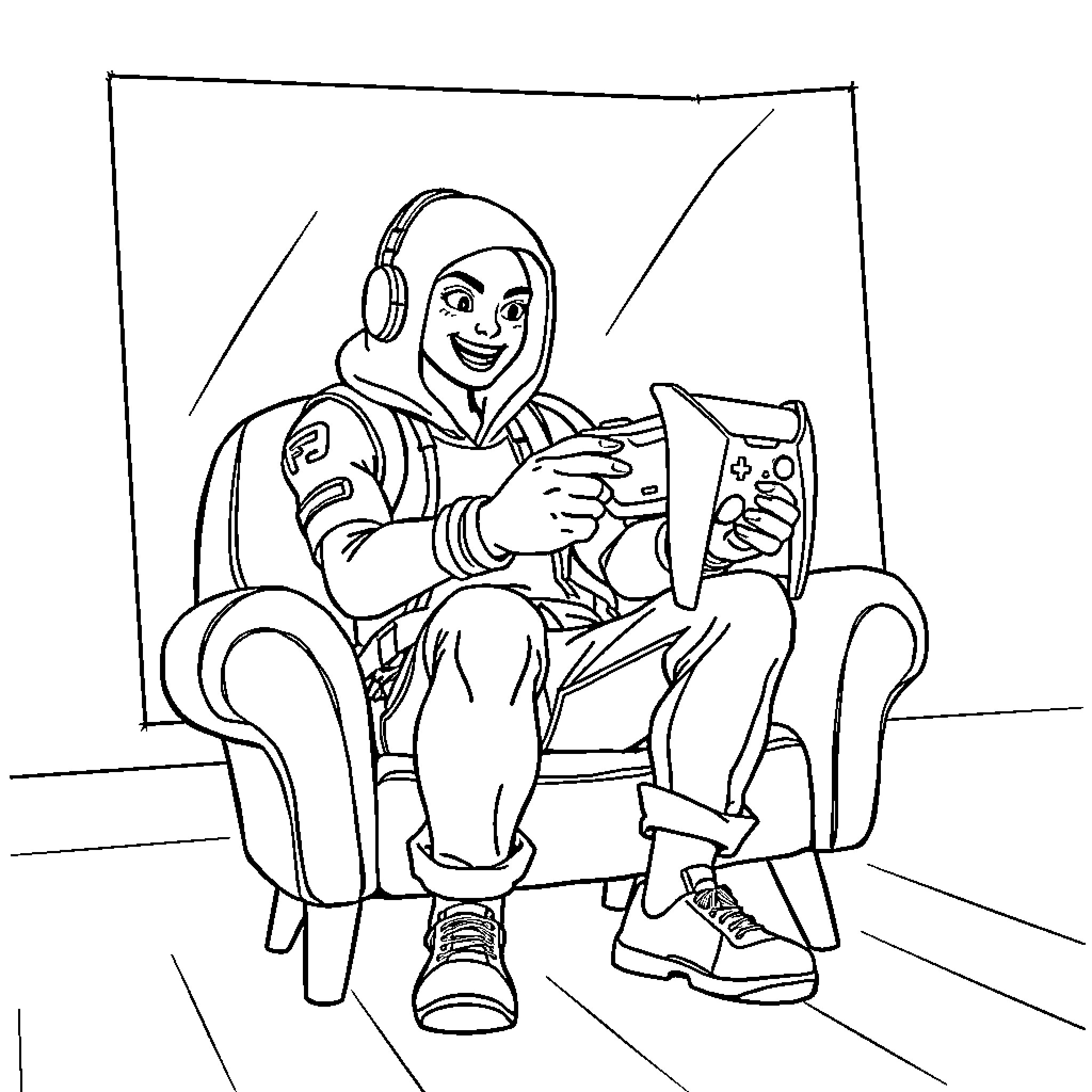 Fortnite Character Playing Video Game Enthusiastically Coloring Page (free black-and-white line drawing printable PDF for all, from beginners to advanced learners, including children, teens, adults, and seniors)