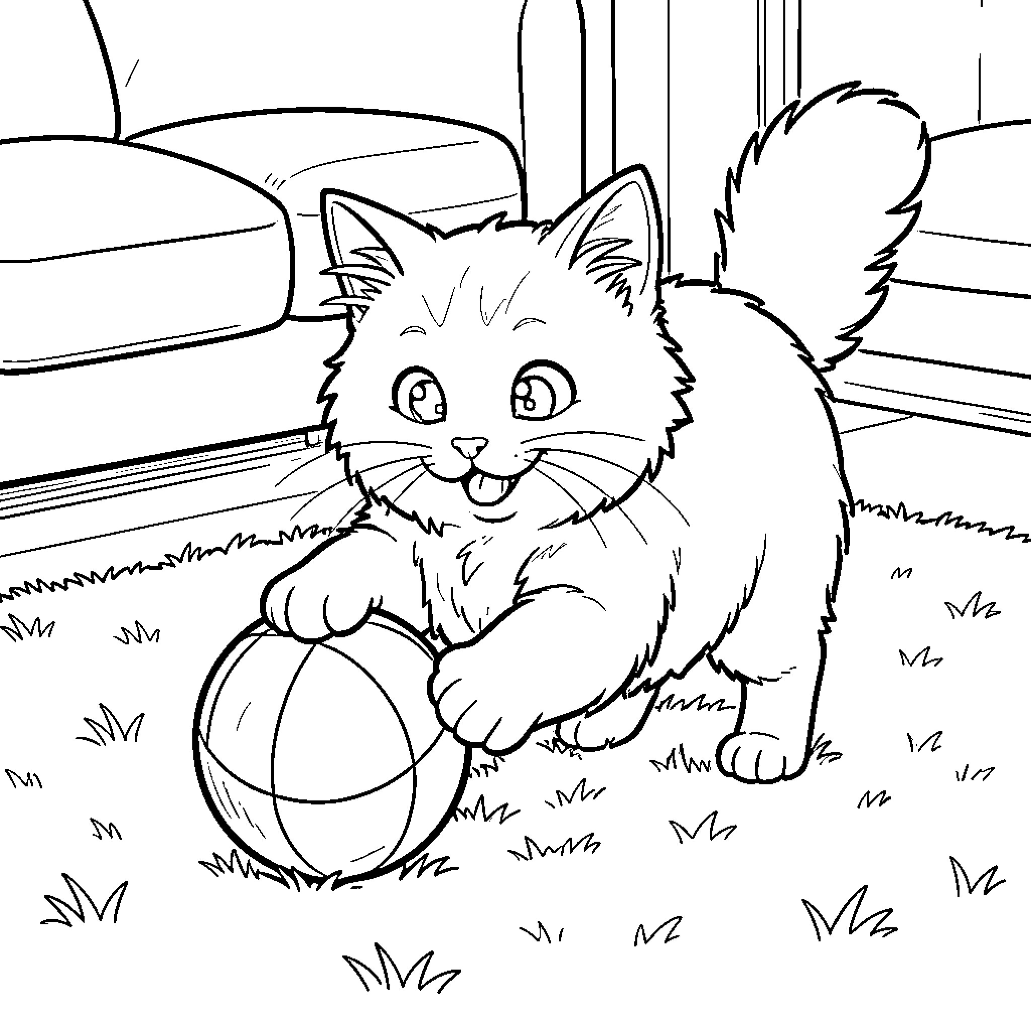 Cat playing with a ball in the yard Coloring Page (free black-and-white line drawing printable PDF for all, from beginners to advanced learners, including children, teens, adults, and seniors)