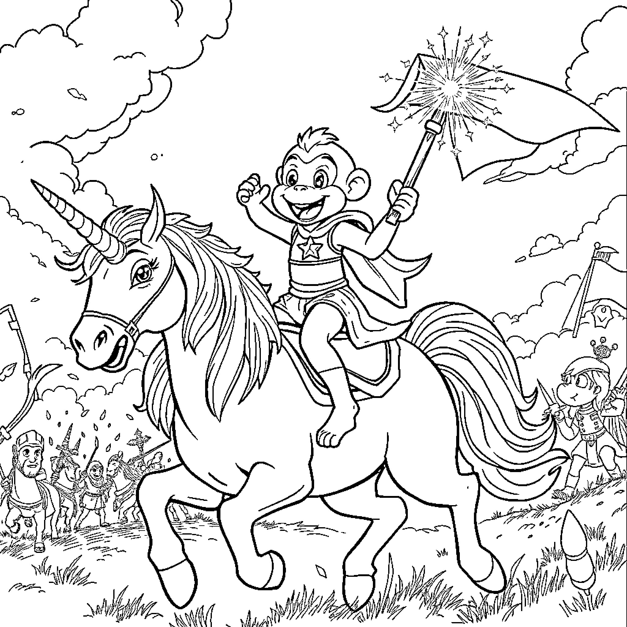 Monkey riding a unicorn with a magic wand Coloring Page (free black-and-white line drawing printable PDF for all, from beginners to advanced learners, including children, teens, adults, and seniors)