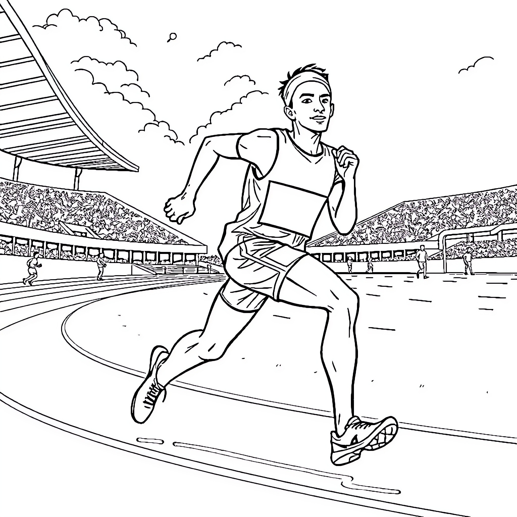 Oumayma Running on Track in Stadium Coloring Page (free black-and-white line drawing printable PDF for all, from beginners to advanced learners, including children, teens, adults, and seniors)