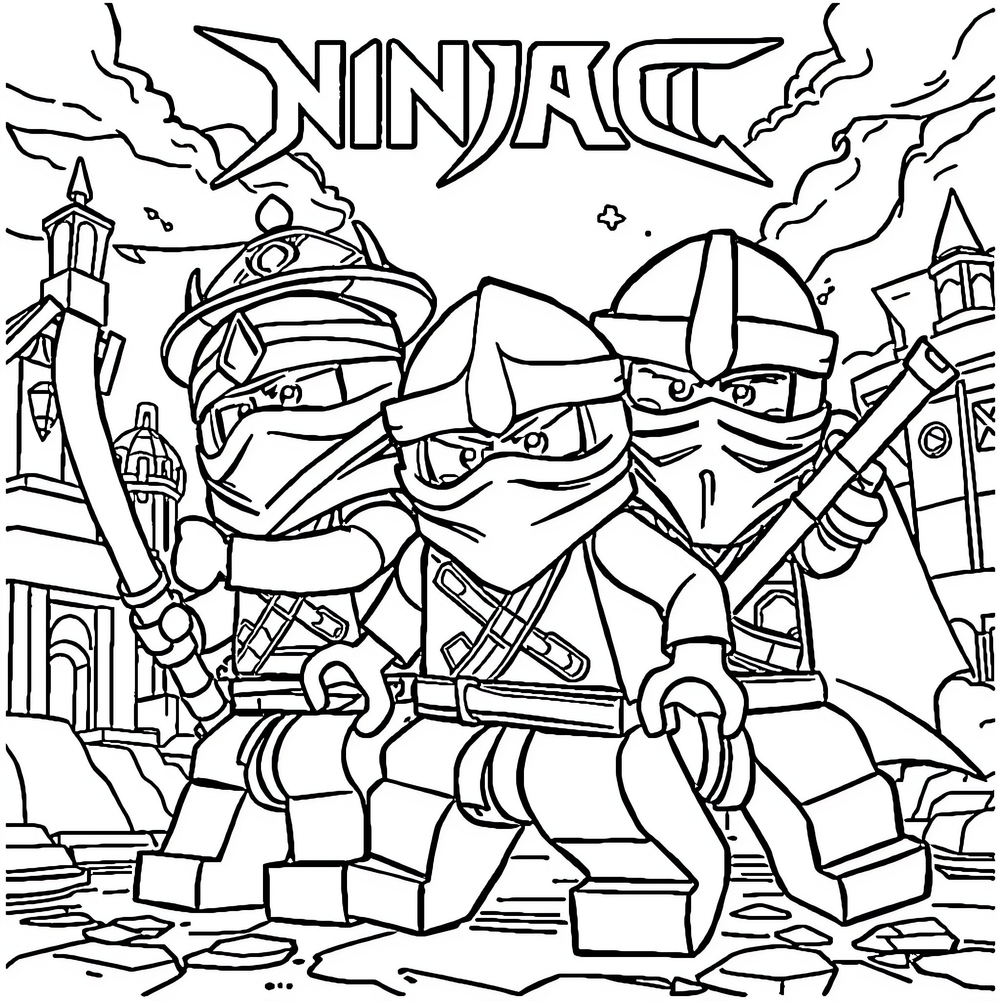 Ninjago characters in action-packed scene Coloring Page (free black-and-white line drawing printable PDF for all, from beginners to advanced learners, including children, teens, adults, and seniors)