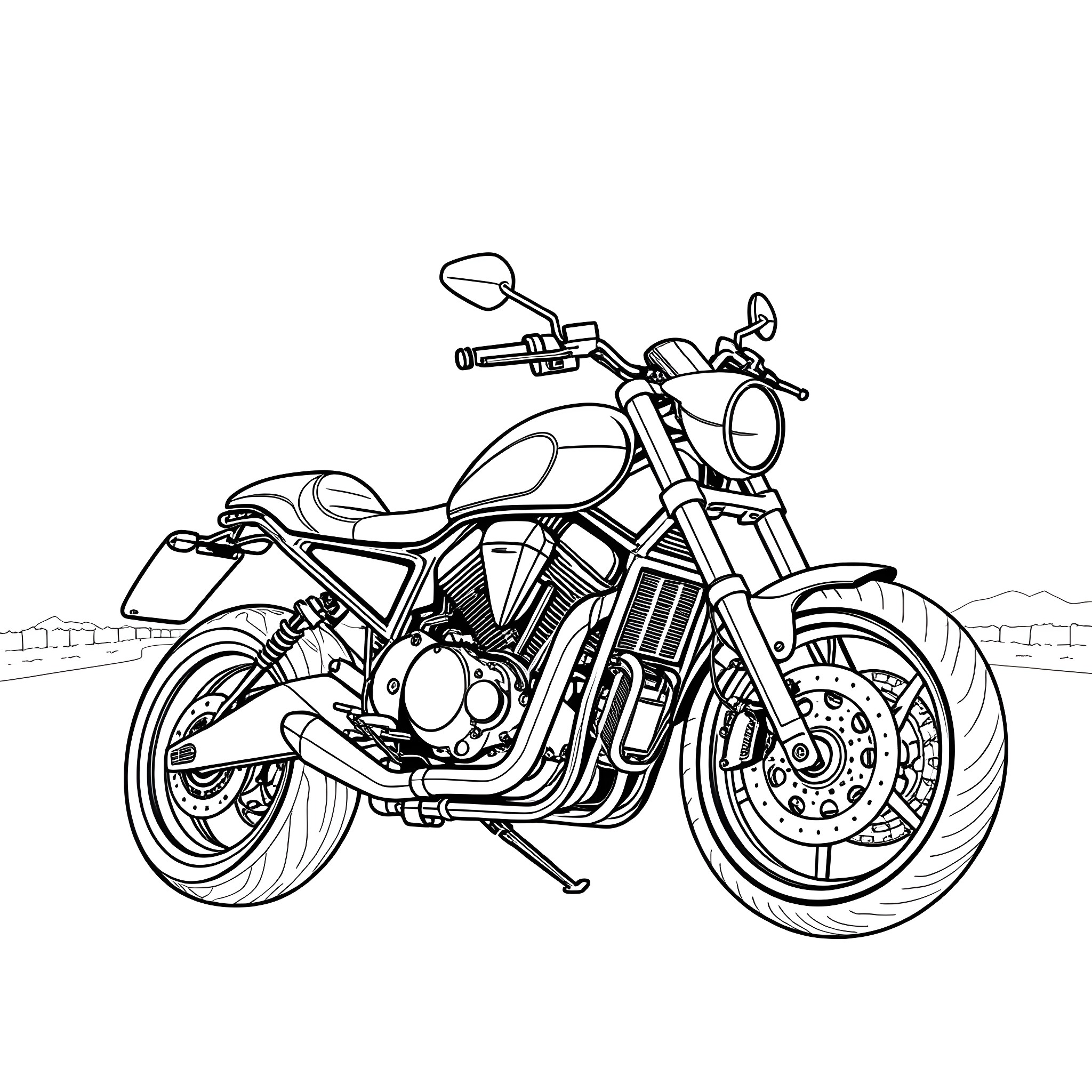 Motorcycle with stylized design in the desert Coloring Page (free black-and-white line drawing printable PDF for all, from beginners to advanced learners, including children, teens, adults, and seniors)