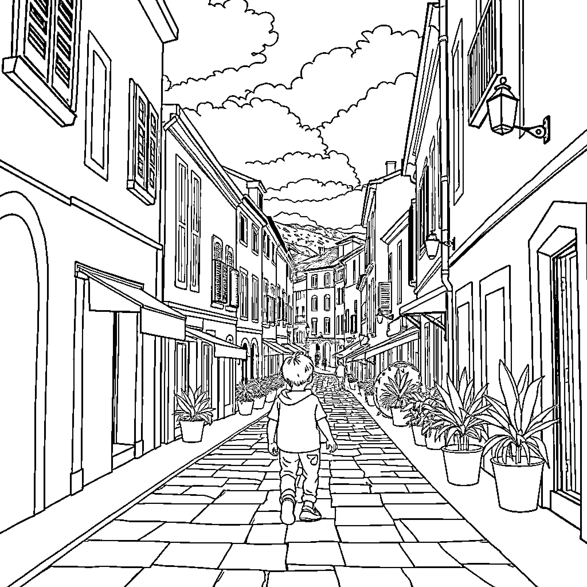 Boy strolling down a picturesque alley Coloring Page (free black-and-white line drawing printable PDF for all, from beginners to advanced learners, including children, teens, adults, and seniors)
