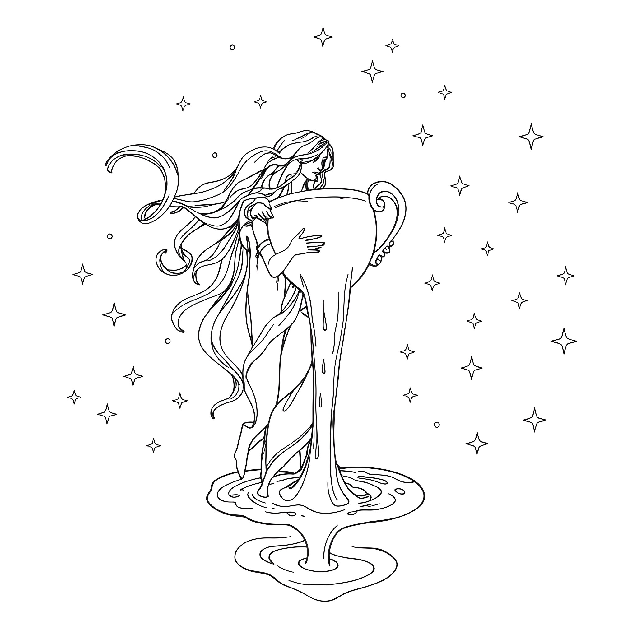 Aquarius woman in starry night Coloring Page (free black-and-white line drawing printable PDF for all, from beginners to advanced learners, including children, teens, adults, and seniors)