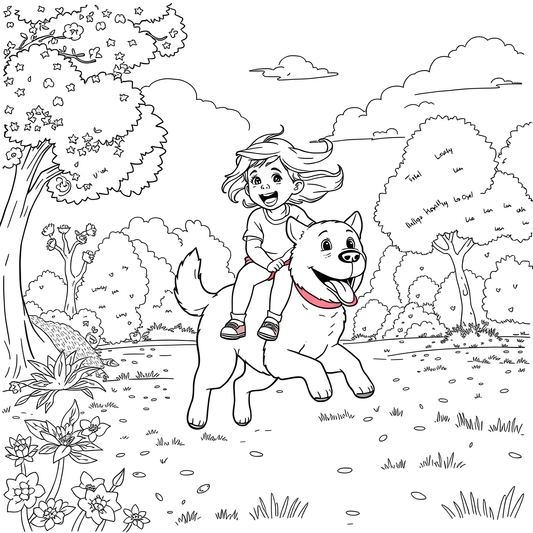 Kid riding a happy dog in a peaceful forest Coloring Page (free black-and-white line drawing printable PDF for all, from beginners to advanced learners, including children, teens, adults, and seniors)