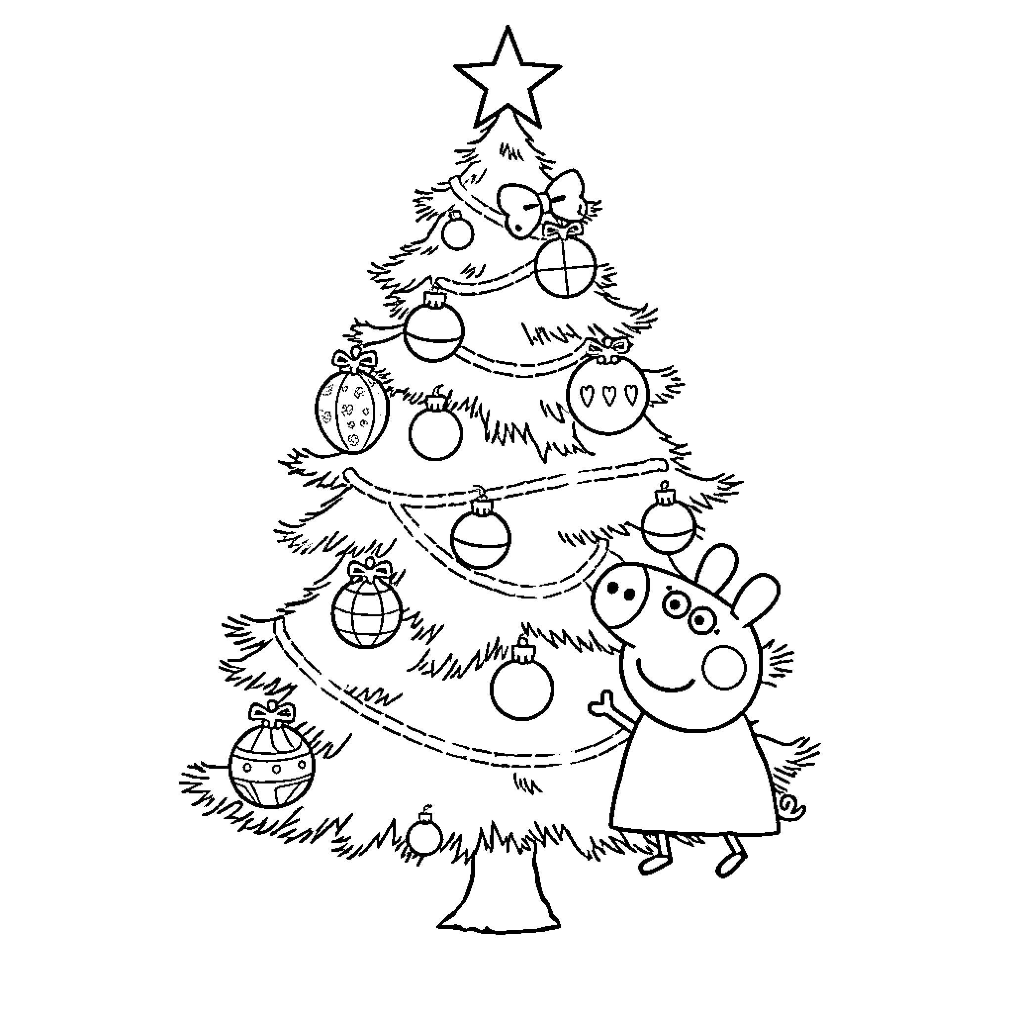 Peppa Pig decorating the Christmas tree Coloring Page (free black-and-white line drawing printable PDF for all, from beginners to advanced learners, including children, teens, adults, and seniors)