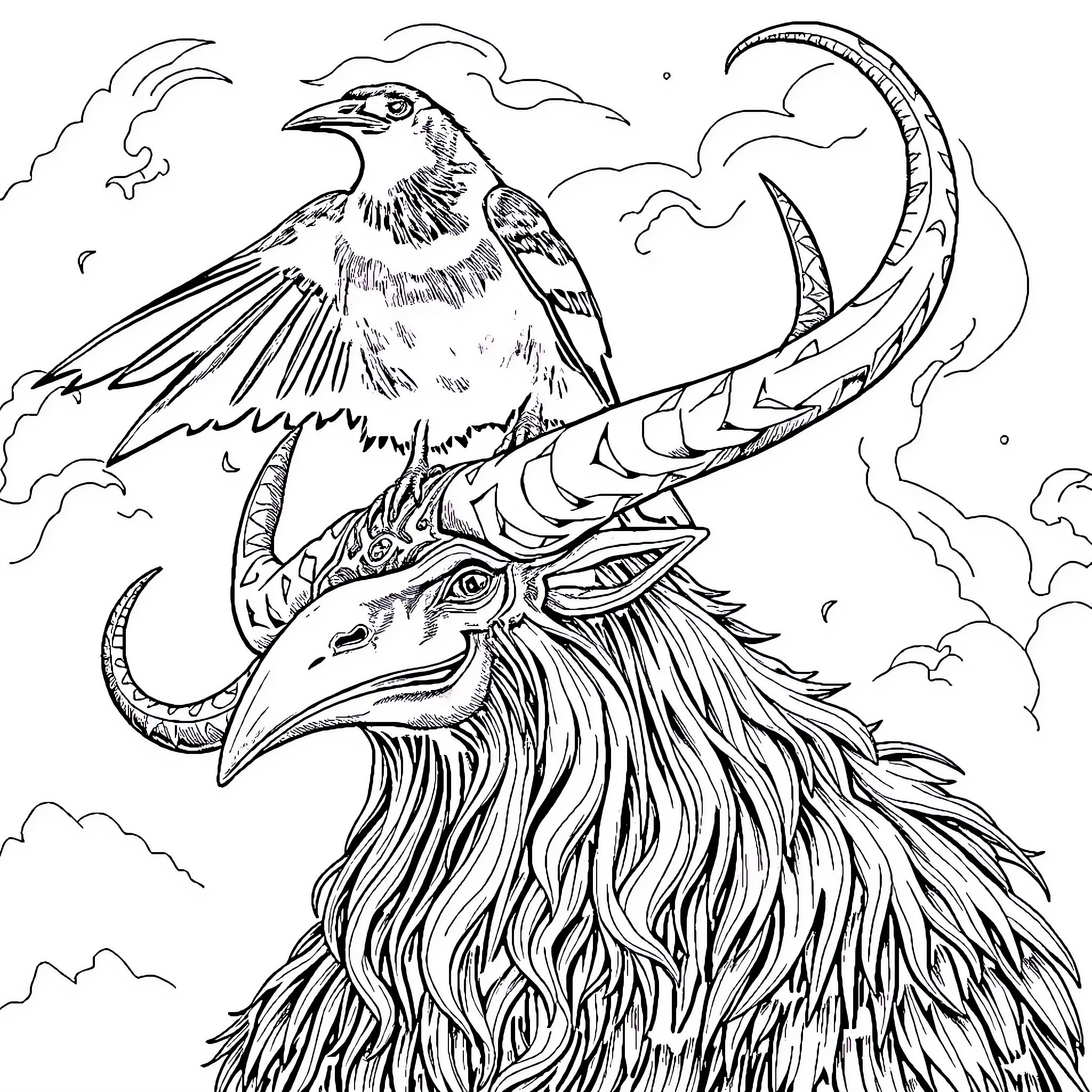 Raven perched atop a fantastical creature Coloring Page (free black-and-white line drawing printable PDF for all, from beginners to advanced learners, including children, teens, adults, and seniors)