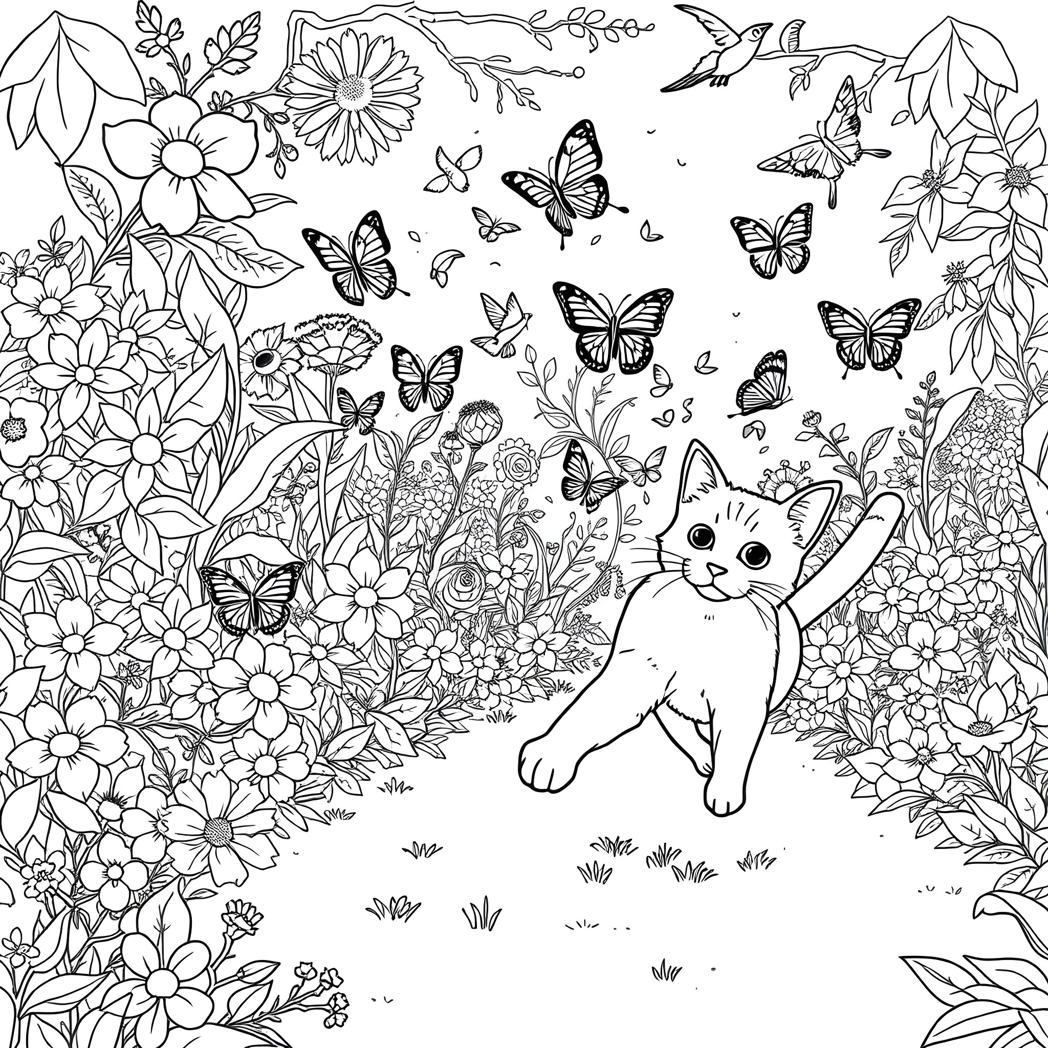 Cat exploring a floral garden with butterflies Coloring Page (free black-and-white line drawing printable PDF for all, from beginners to advanced learners, including children, teens, adults, and seniors)