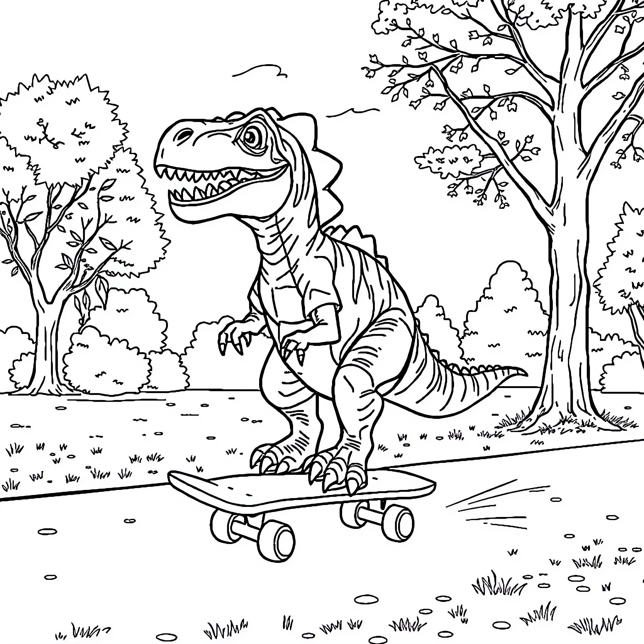 Dinosaur riding a skateboard in the forest Coloring Page (free black-and-white line drawing printable PDF for all, from beginners to advanced learners, including children, teens, adults, and seniors)