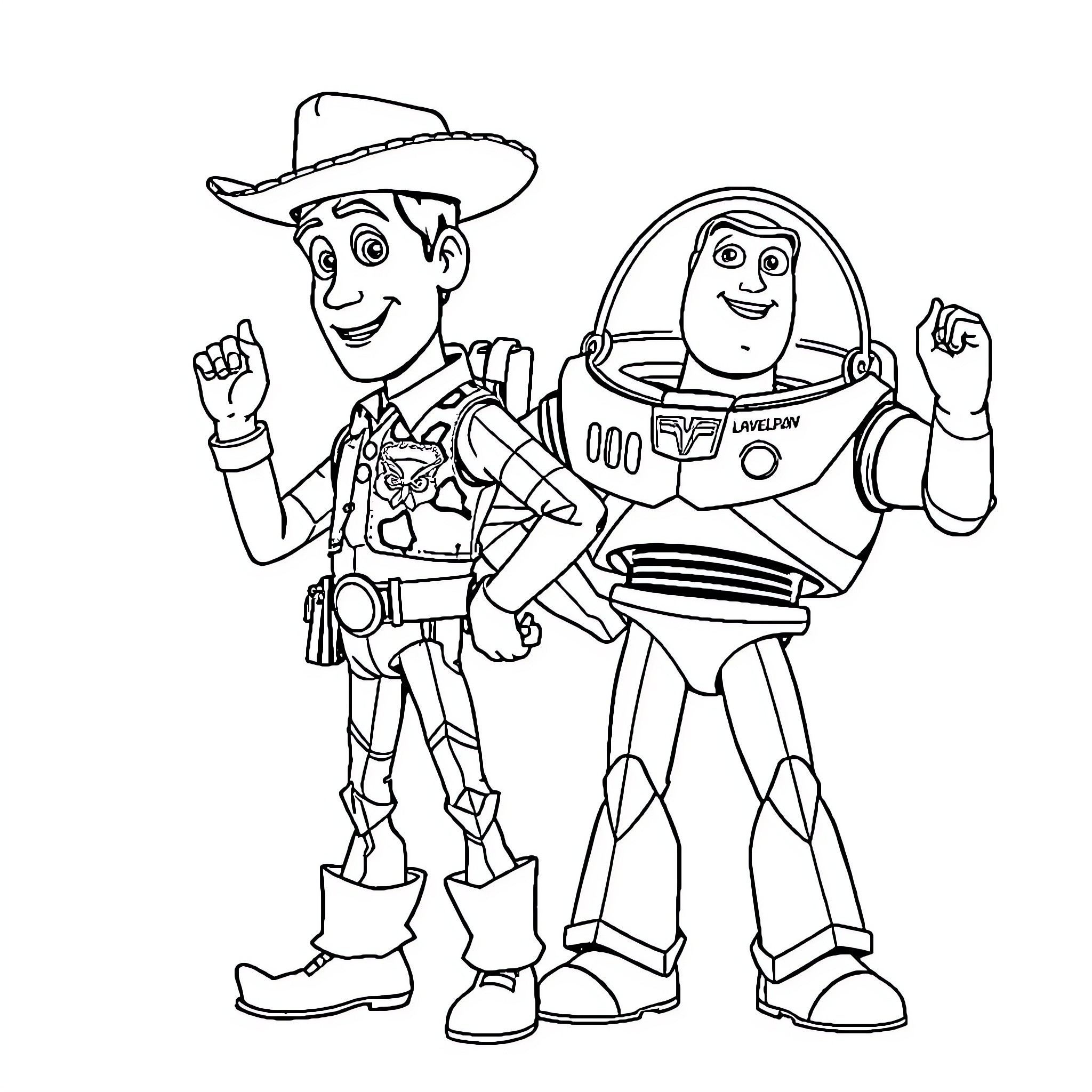 Woody and Buzz in Adventure Poses Coloring Page (free black-and-white line drawing printable PDF for all, from beginners to advanced learners, including children, teens, adults, and seniors)
