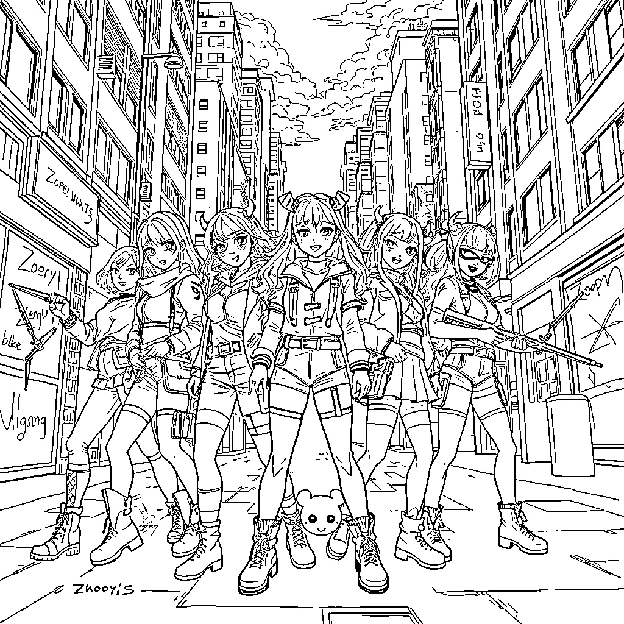 Zoey and her friends exploring the city Coloring Page (free black-and-white line drawing printable PDF for all, from beginners to advanced learners, including children, teens, adults, and seniors)