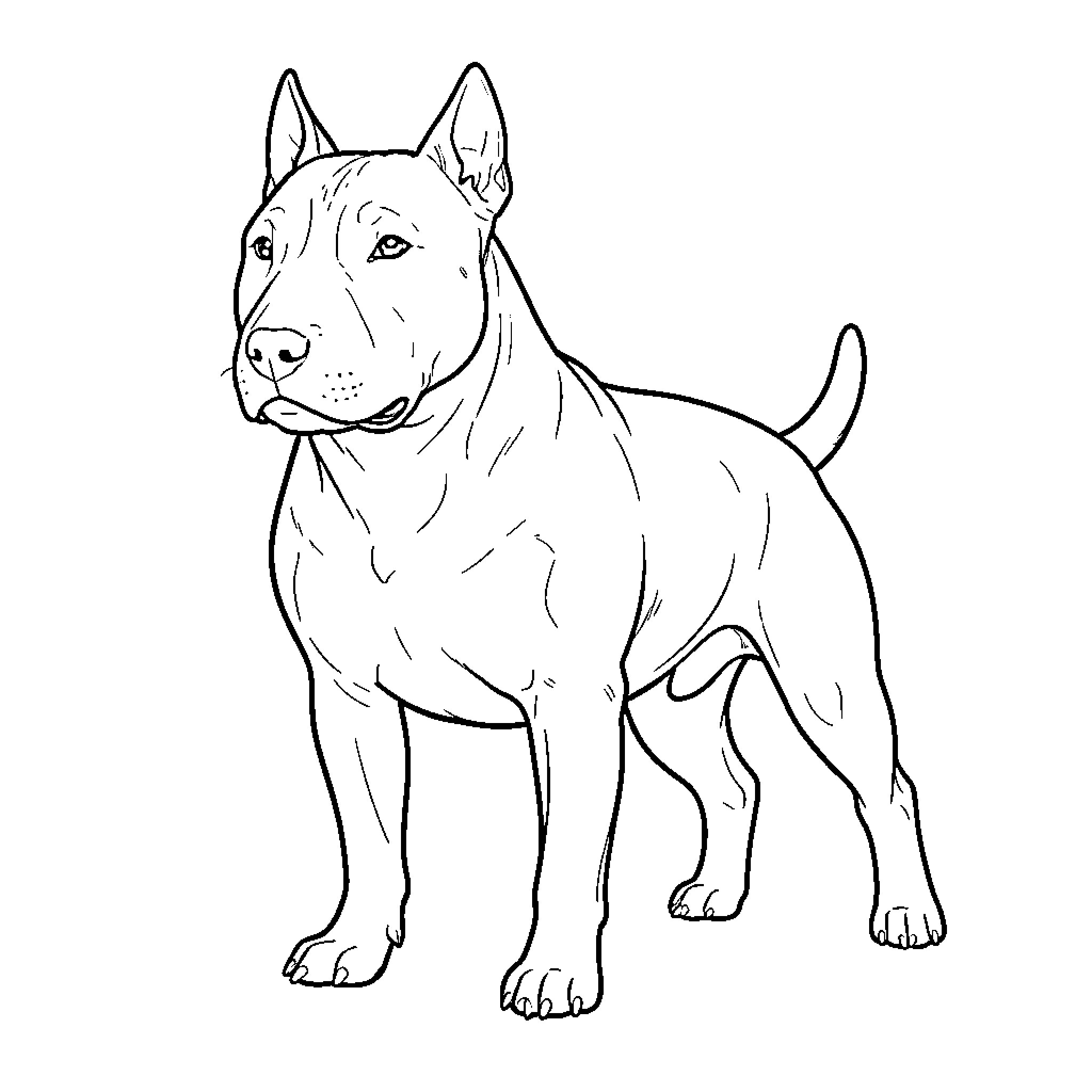 Bullterrier standing alert and attentive Coloring Page (free black-and-white line drawing printable PDF for all, from beginners to advanced learners, including children, teens, adults, and seniors)
